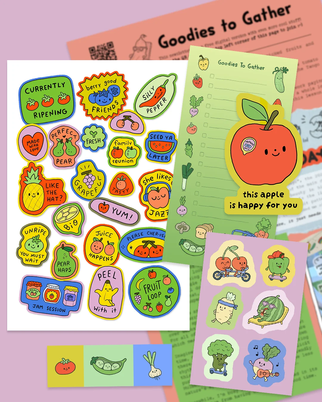 Ivna Lins fruit-themed stationery with smiling fruit characters, produce-label stickers and a pink illustrated newsletter.