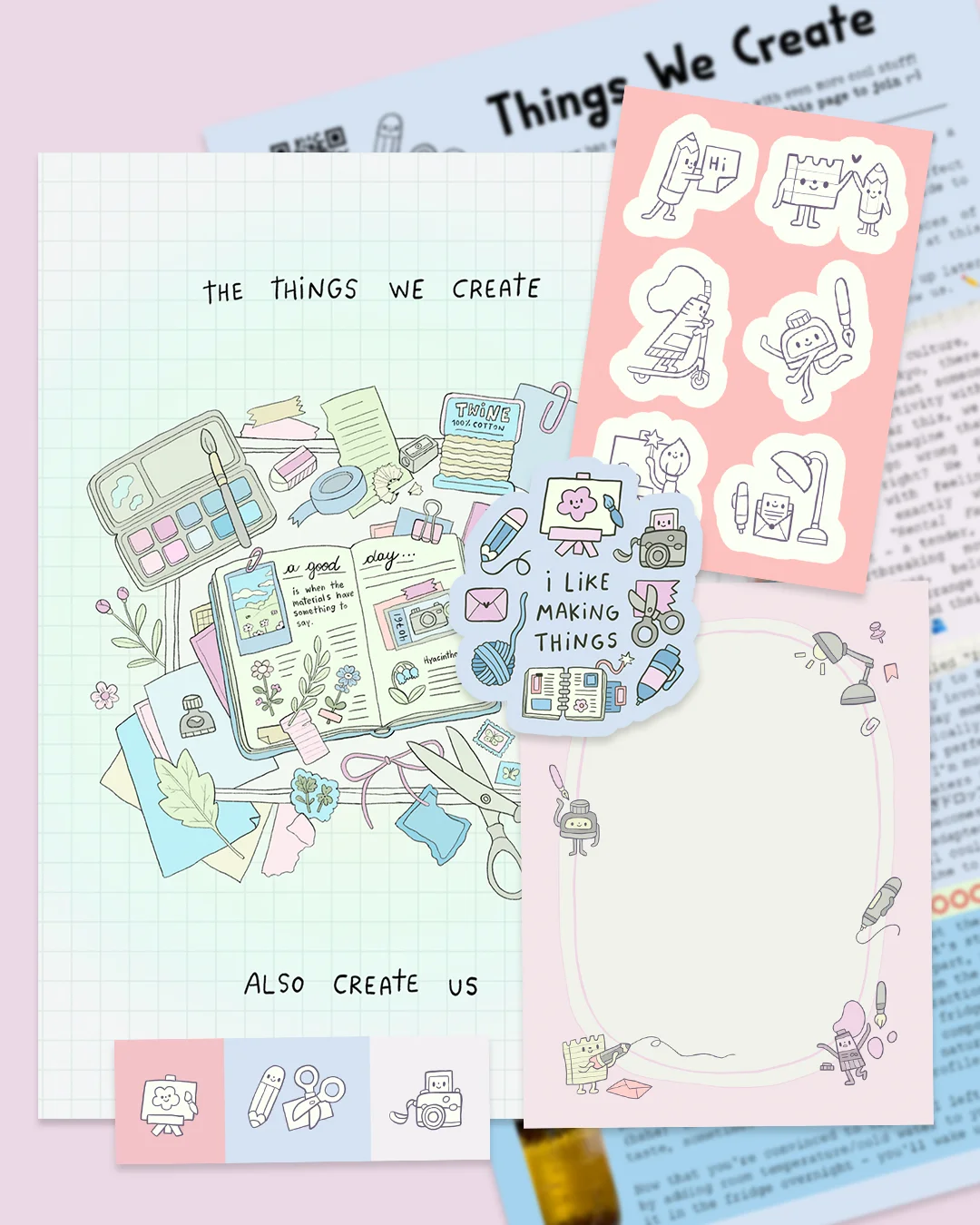 Ivna Lins art-themed stationery with an illustrated print, drawing-themed stickers, a newsletter and a memo sheet bordered with illustrated art supplies.