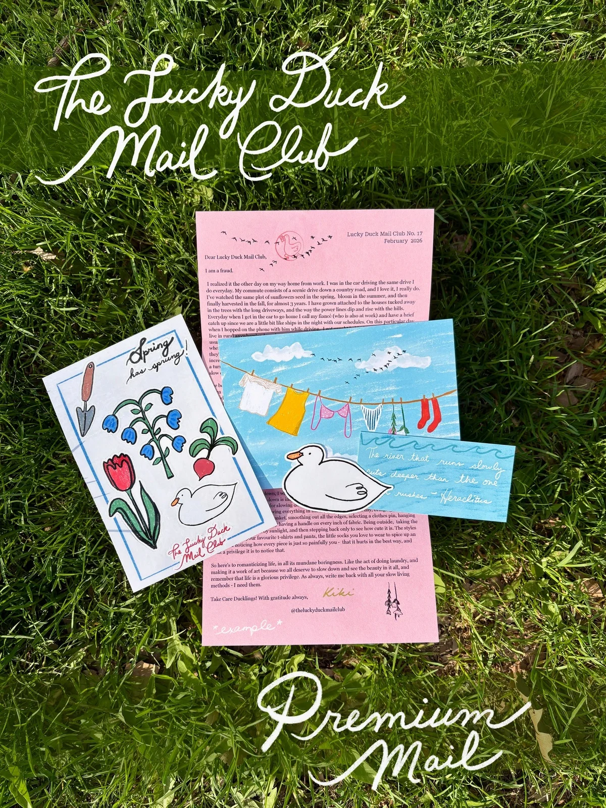 Lucky Duck Premium mail on grass: a pink letter, blue clothesline print, spring flower sticker sheet and white duck sticker.