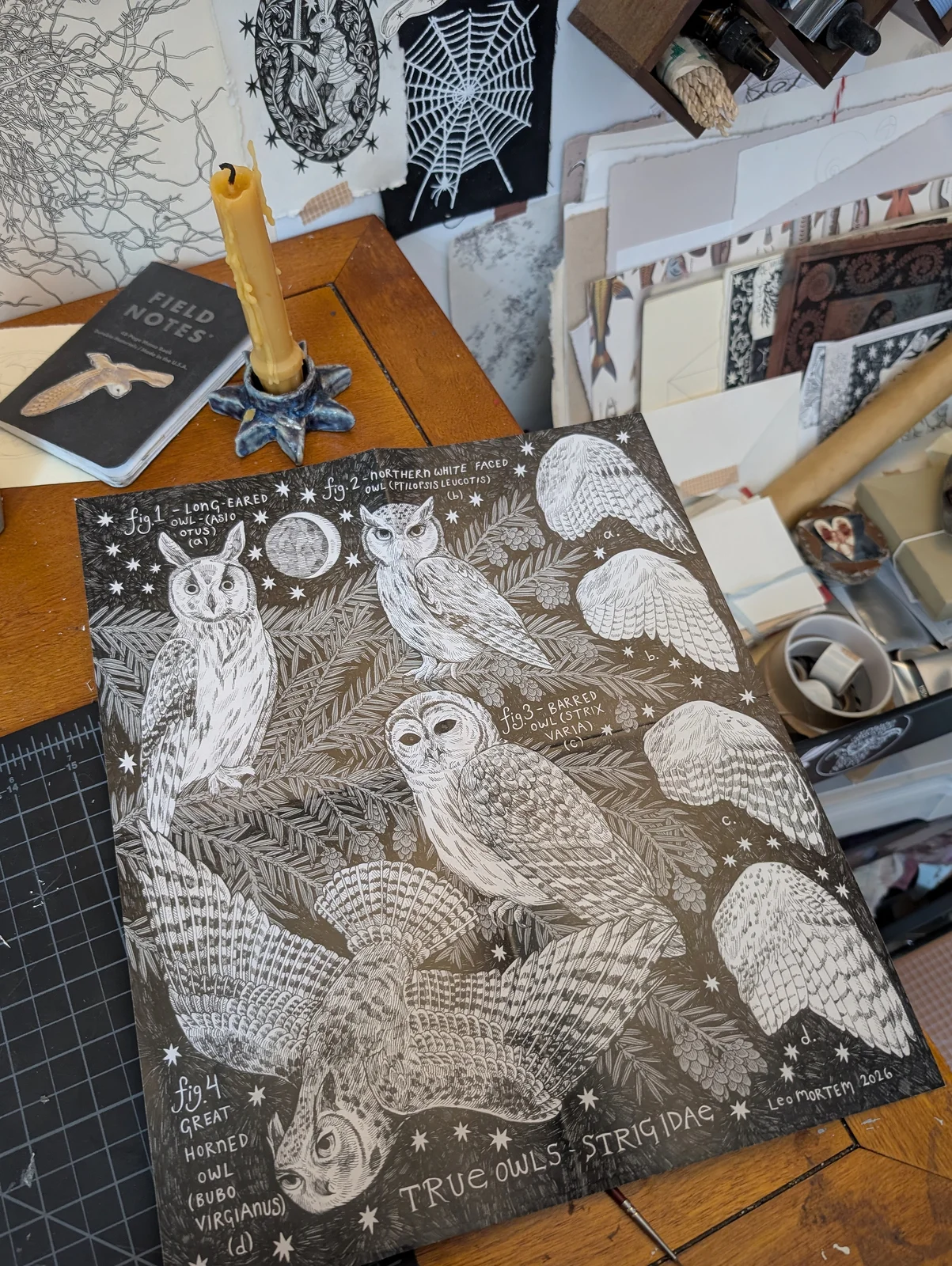 A detailed black-and-white Peregrine Post owl poster on an artist’s worktable.