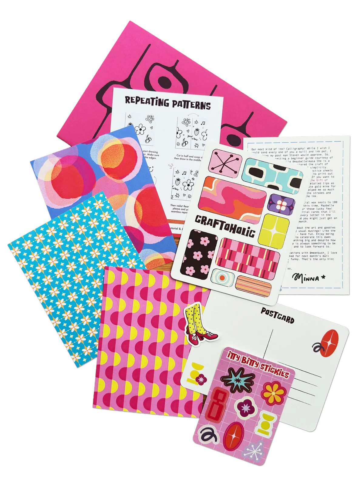 June’s Craftoholic papers and stickers with bright geometric and floral patterns