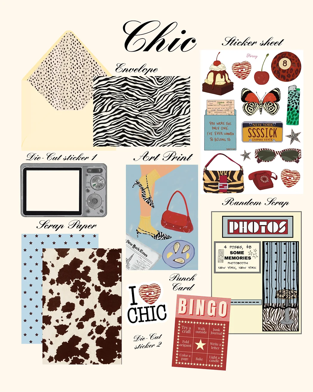 Memories Mail Club’s Chic edition, showing its illustrated papers, stickers, and envelope