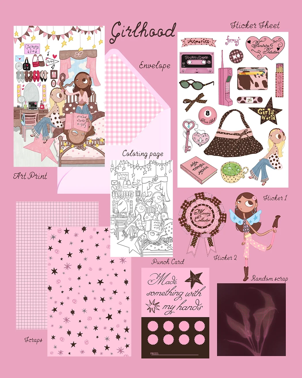 Memories Mail Club’s Girlhood edition, showing its illustrated papers, stickers, and envelope