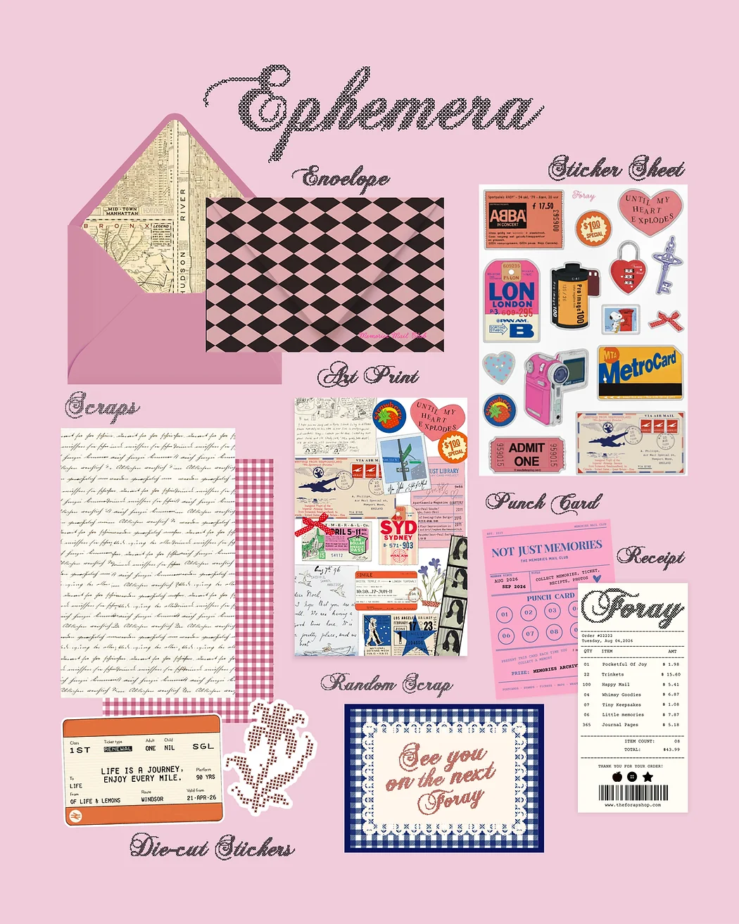 Memories Mail Club’s Ephemera edition, showing its illustrated papers, stickers, and envelope
