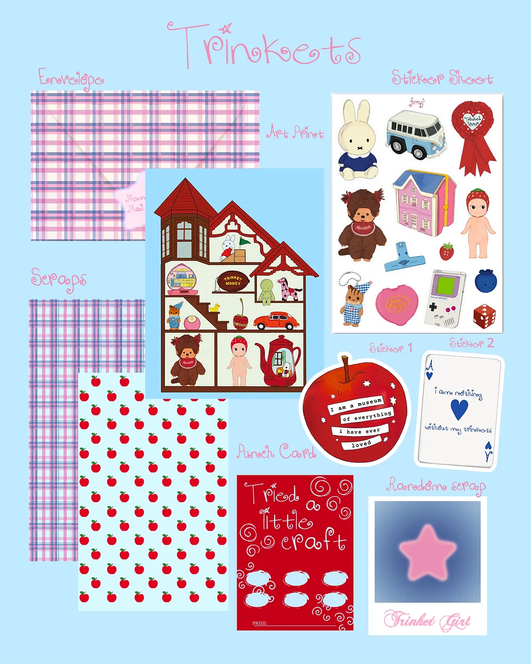 Memories Mail Club’s Trinkets edition, showing its illustrated papers, stickers, and envelope