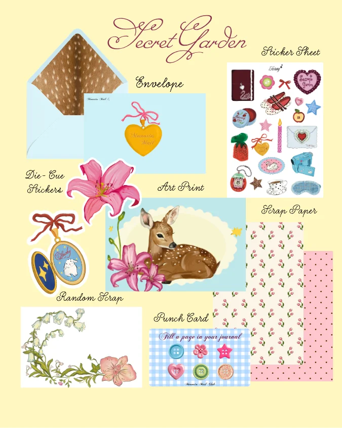 Memories Mail Club’s Secret Garden edition, showing its illustrated papers, stickers, and envelope