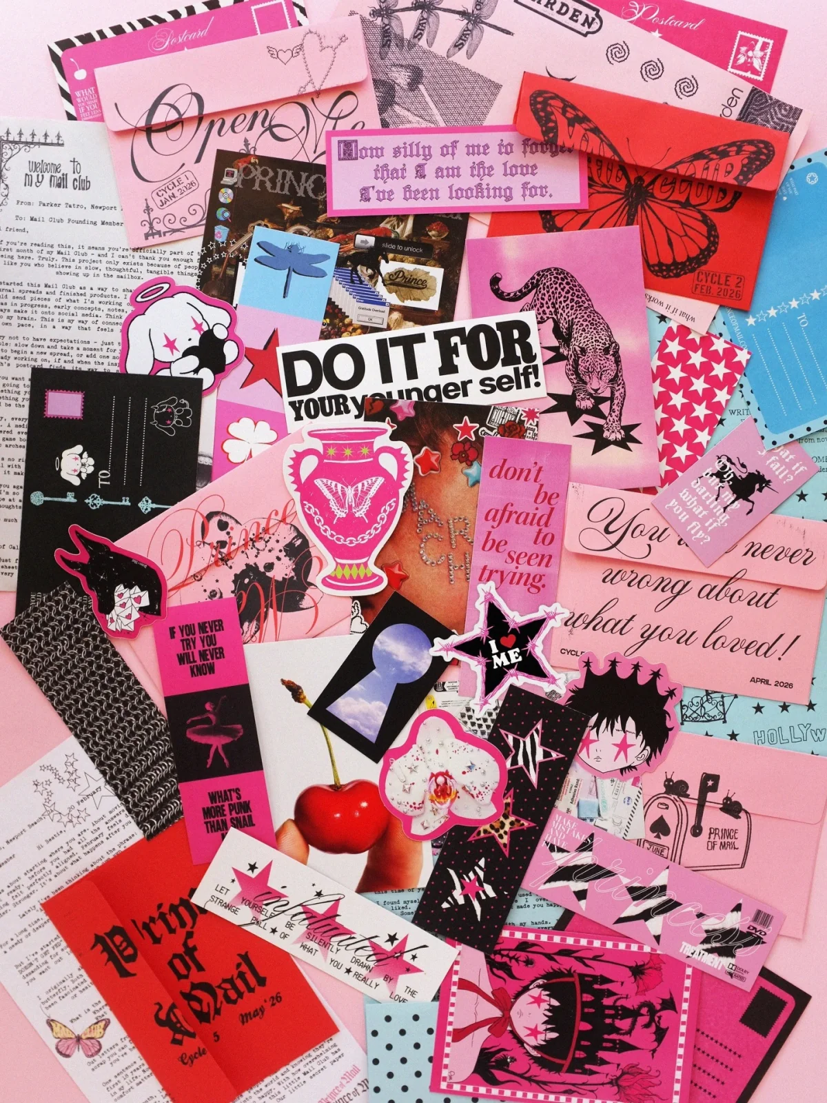A collection of Prince of California envelopes, postcards, stickers, and collage pieces
