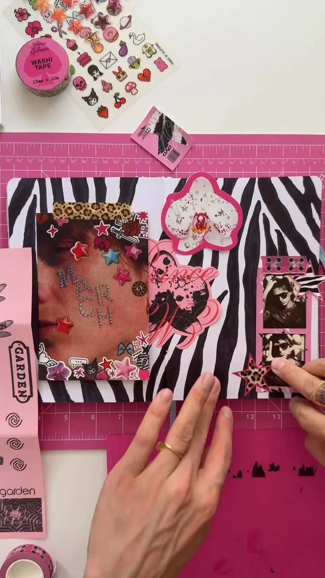 A zebra-patterned journal spread with Prince of California paper pieces and photos