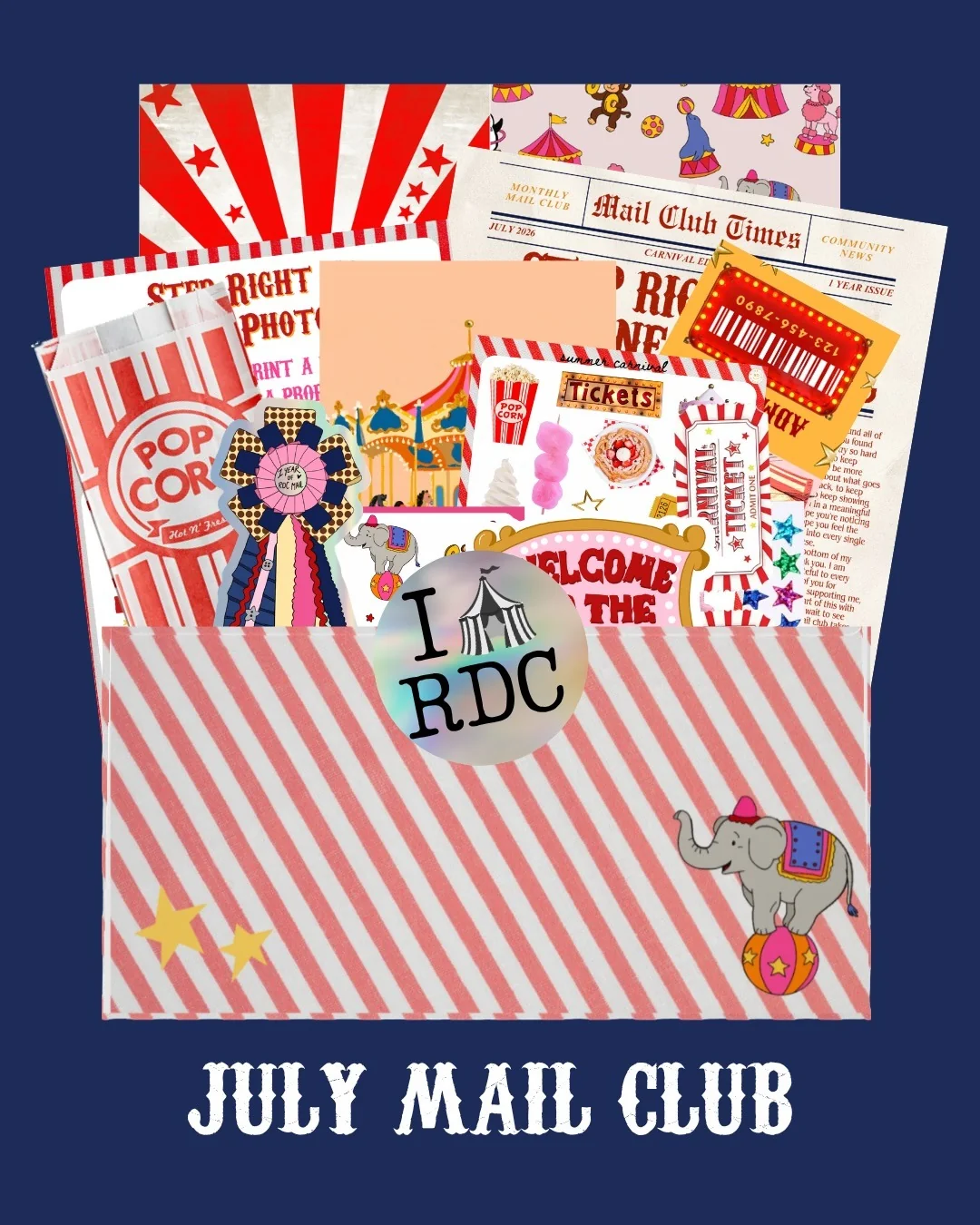ReggieDesignCo’s July carnival papers and stickers in a striped envelope