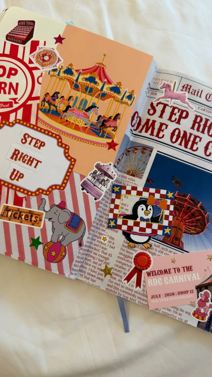 A journal spread with carnival papers, carousel artwork, and tickets