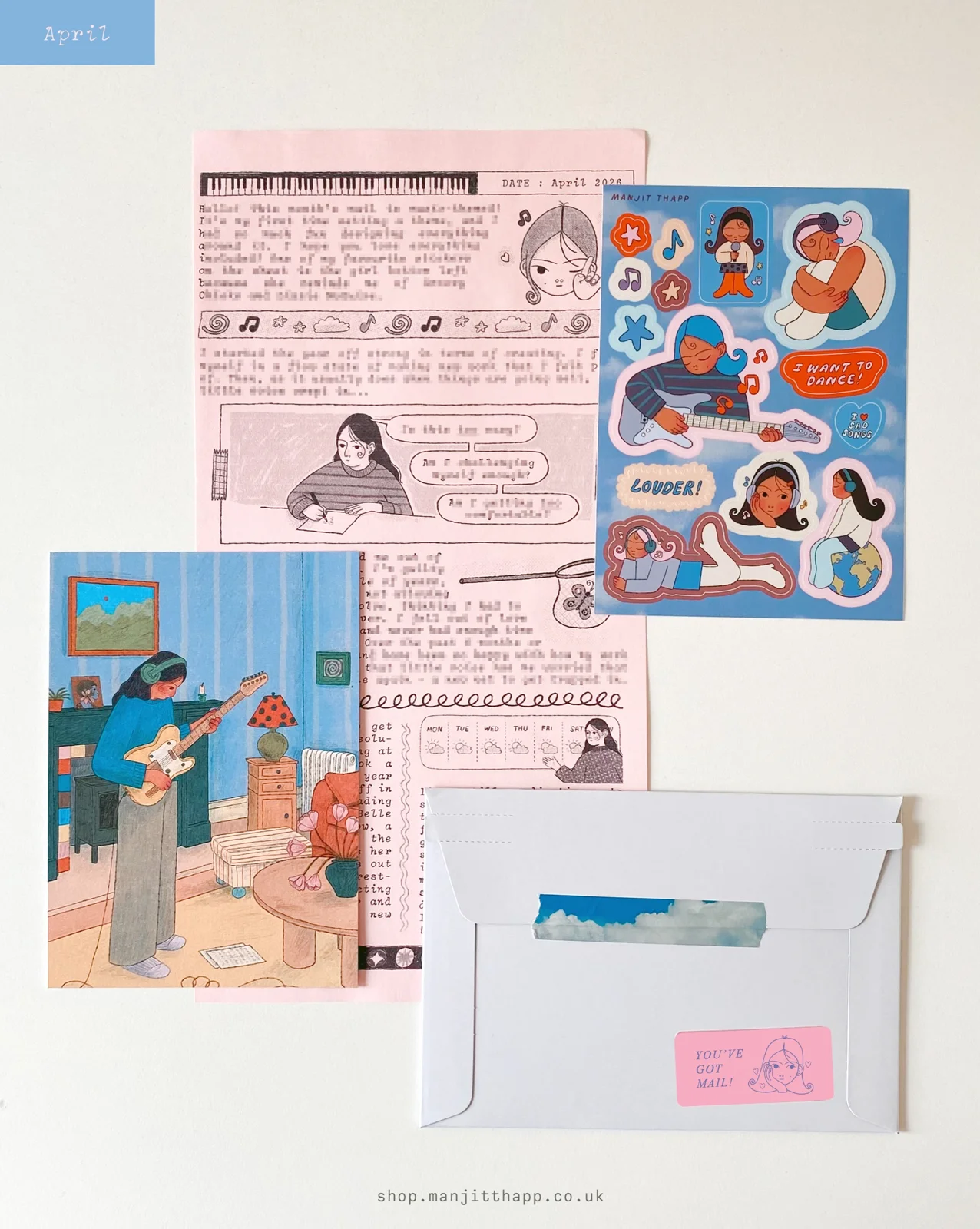 Sticker Mail Club by Manjit Thapp — April 2026 — music-themed letter, sticker sheet, print, and envelope