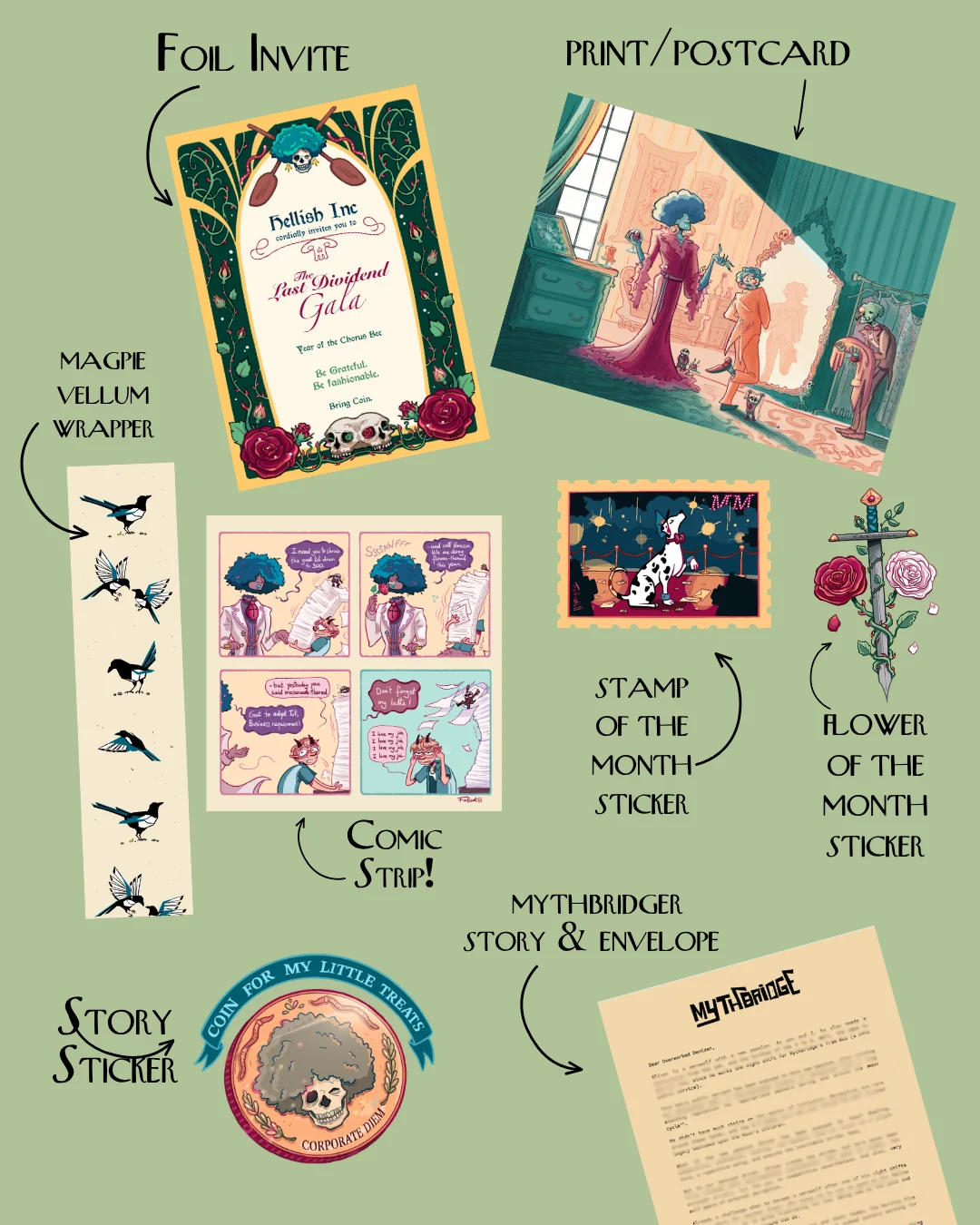 Mythbridge Mail Club — September mail with a story letter, comic strip, art postcard, stickers, and a foil invitation