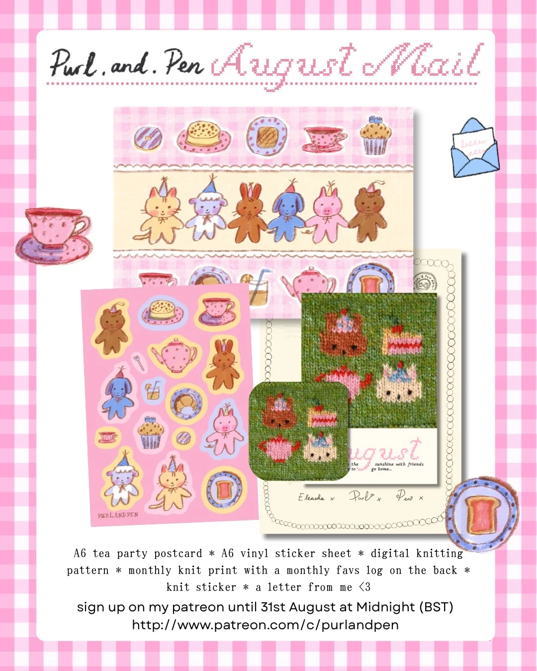 Purl And Pen — August tea-party mail composition preview with a postcard, stickers, prints, and letter