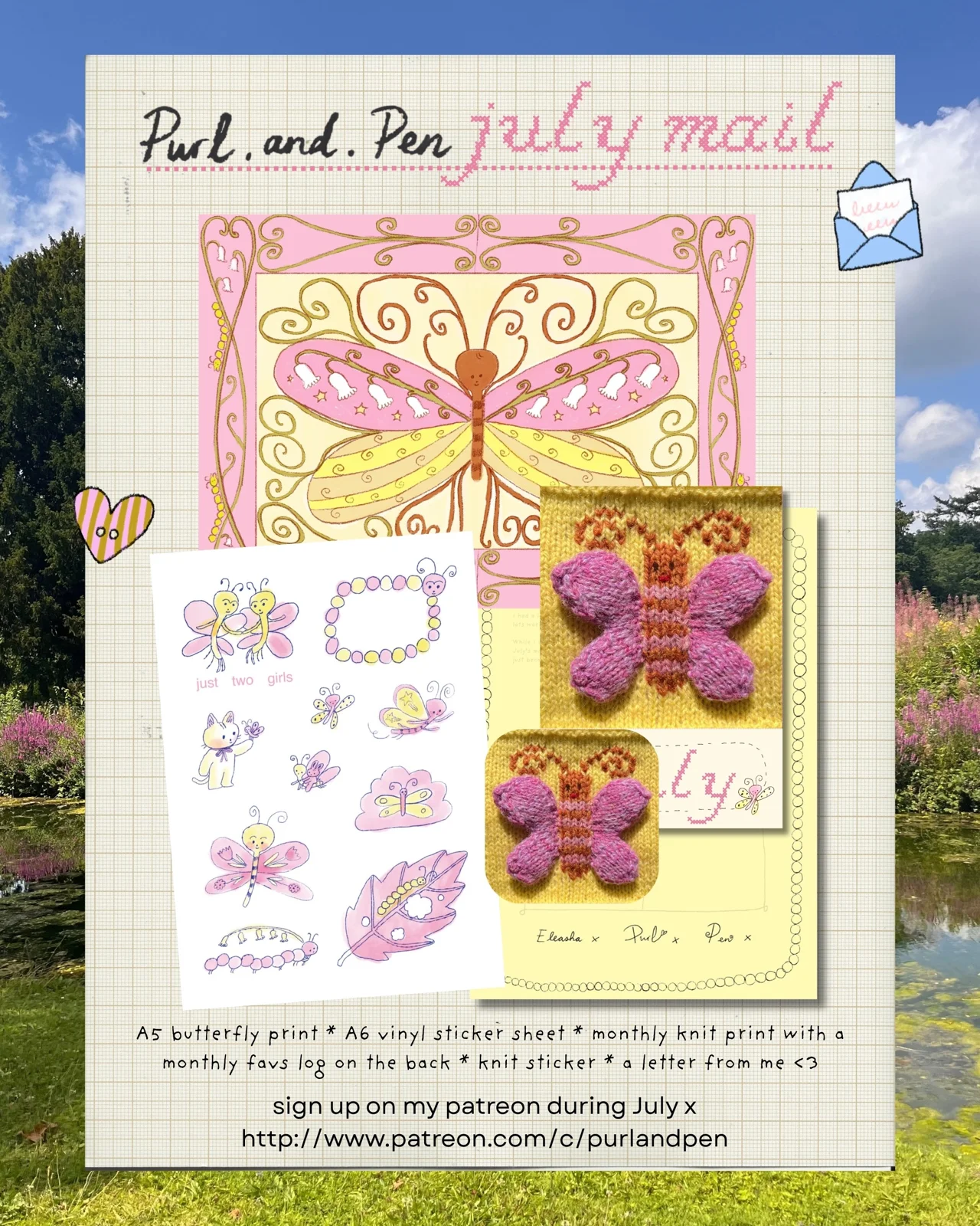 Purl And Pen — July butterfly-themed mail composition preview with prints, stickers, and a letter