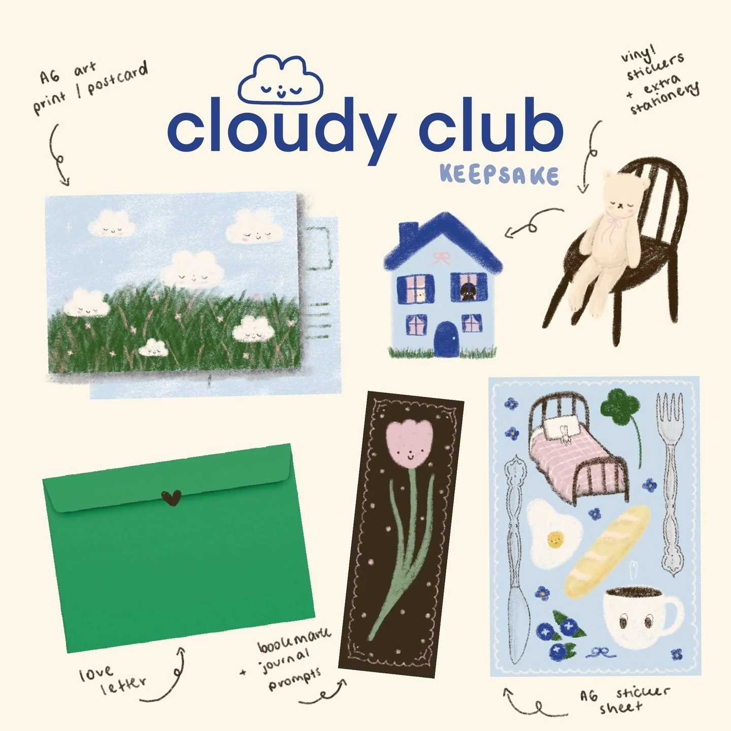 Cloudy Club: Cloudy Club keepsake-themed postcard, letter and paper pieces.