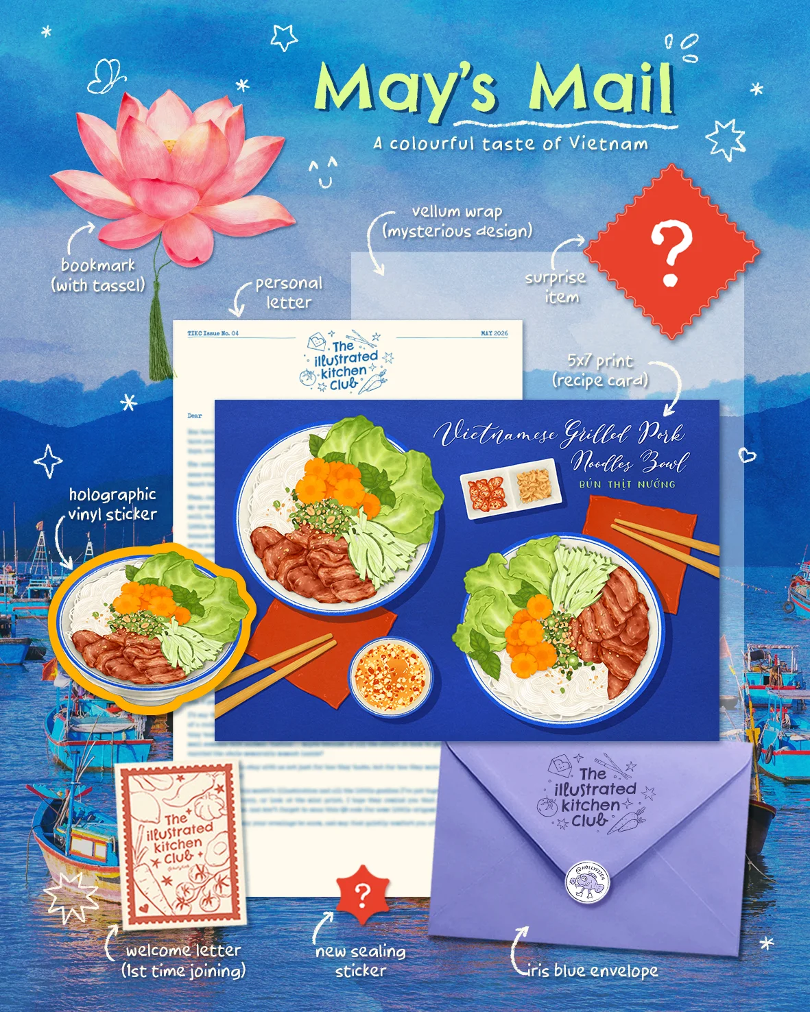 The Illustrated Kitchen Club — Holly Fiish: May 2026 recipe-mail preview featuring Vietnamese grilled pork noodles. One-time orders do not include the welcome card.