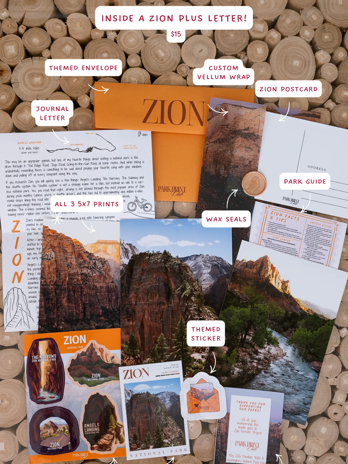 Park Print Club: past Zion Plus edition with three photo prints, letter, postcard, guide, stickers and themed packaging; the printed price is historical.