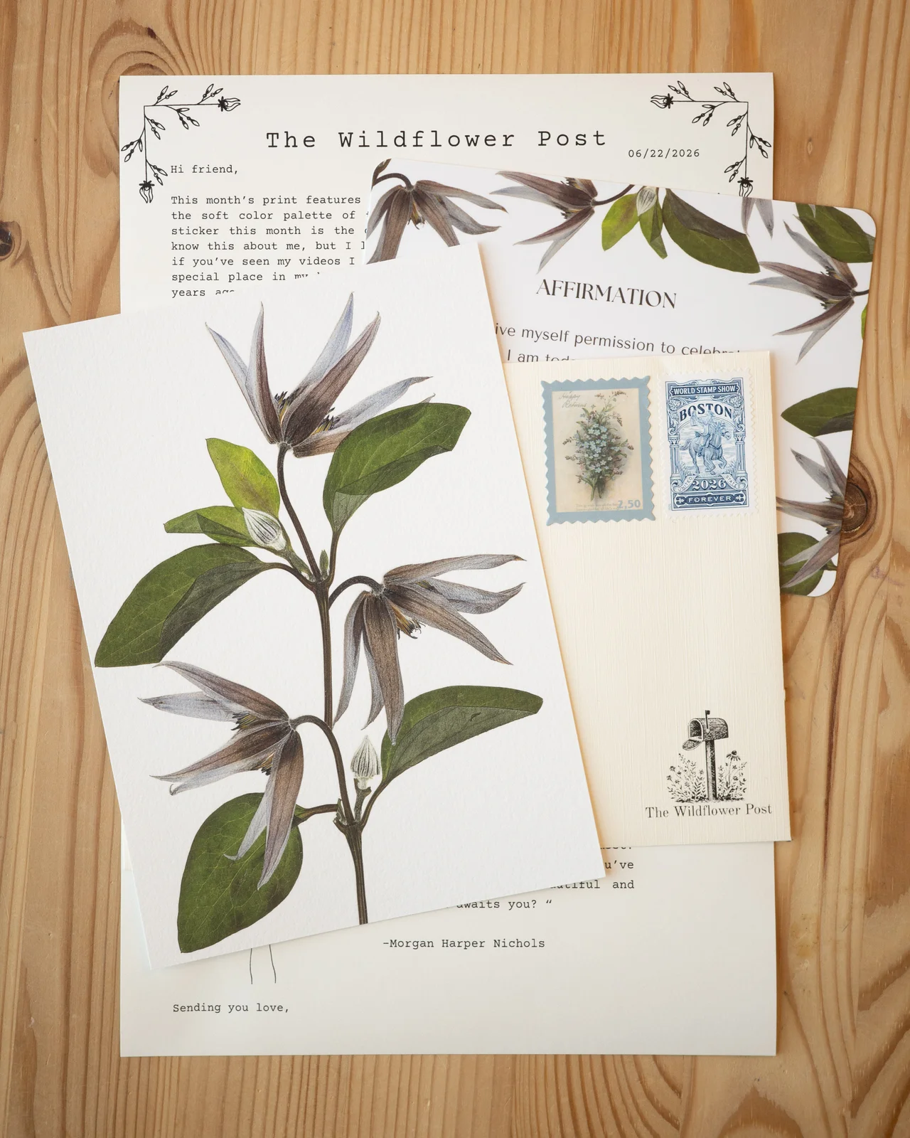 The Wildflower Post: June 2026 botanical print, letter, affirmation card and envelope.
