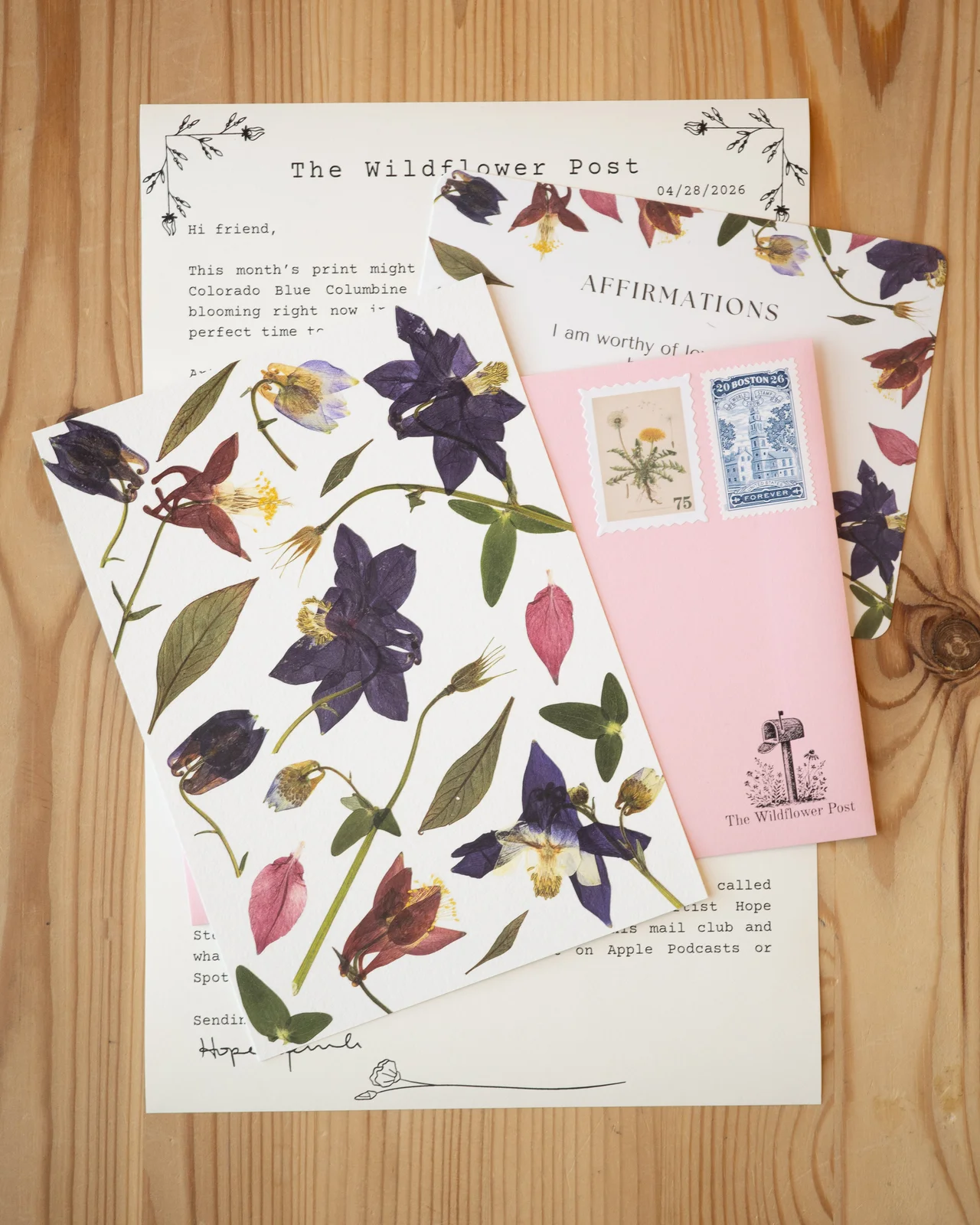 The Wildflower Post: April 2026 botanical print, letter, affirmation card and envelope.
