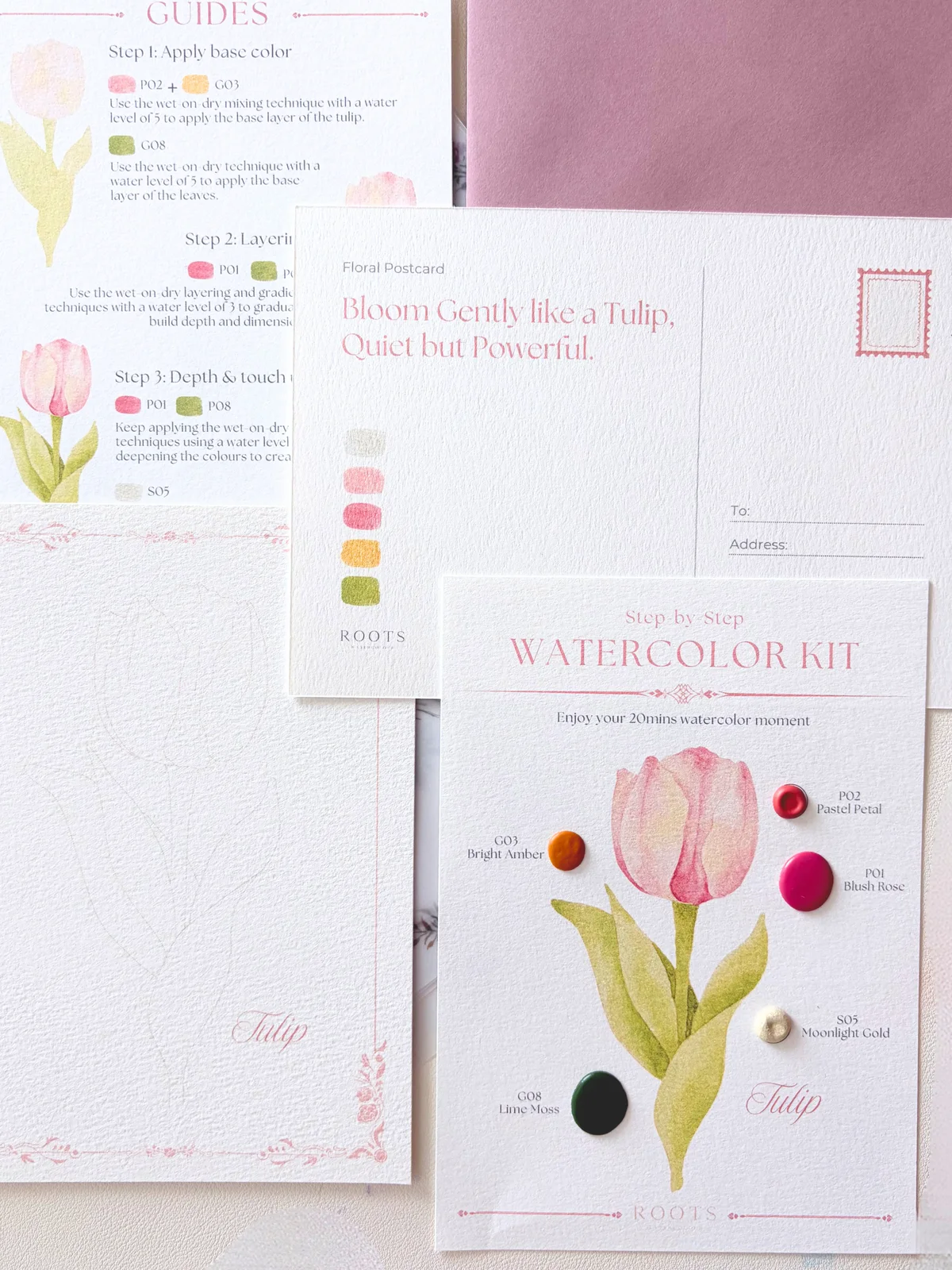 ROOTS Watercolor Kit Mail Club: August Blush Tulip paint-dot card, outlined postcard, postcard back and printed painting guide; a detail view, not the full kit.