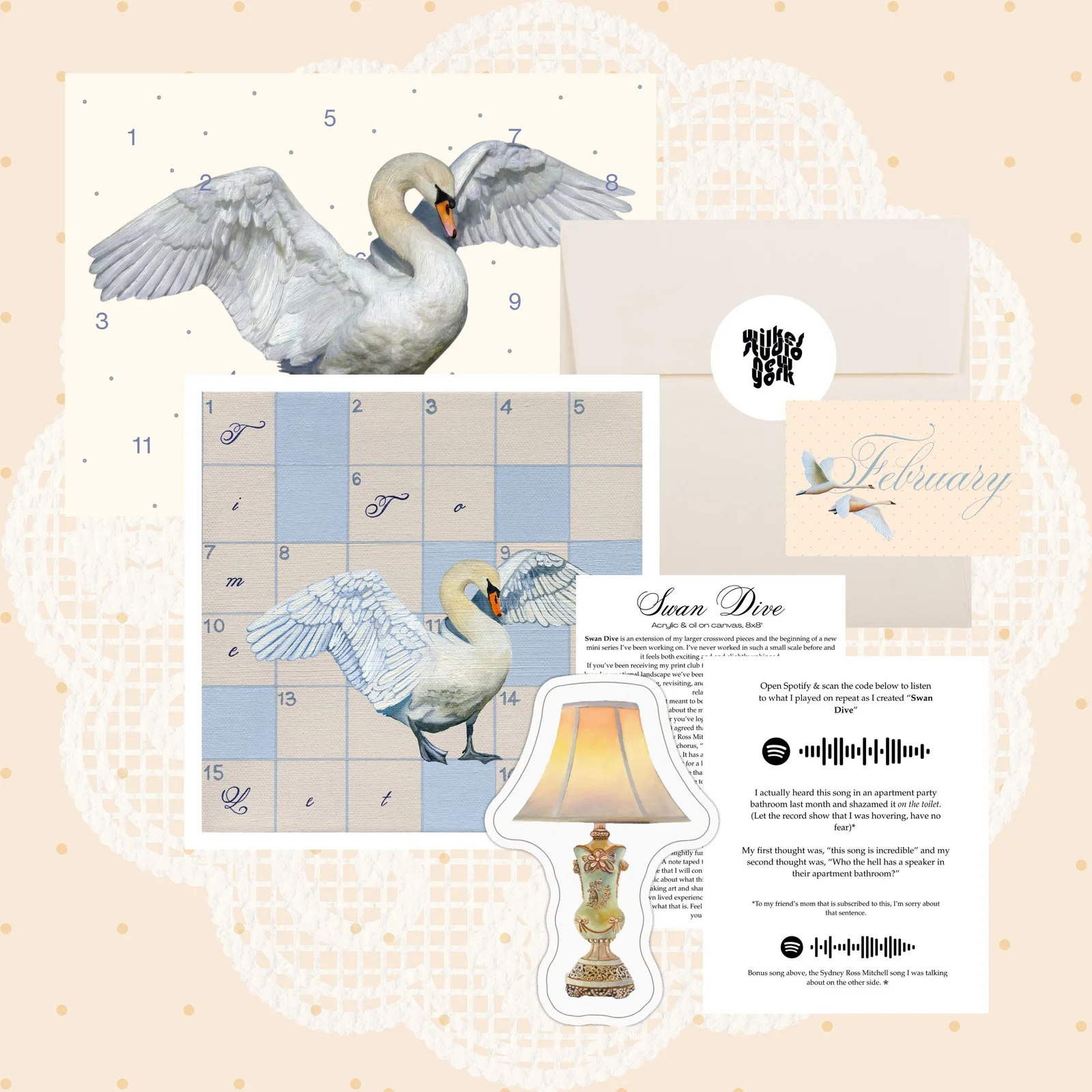 Wilkes Studio Original: February 2026: a swan print, lamp sticker, letter and paper wrapping.