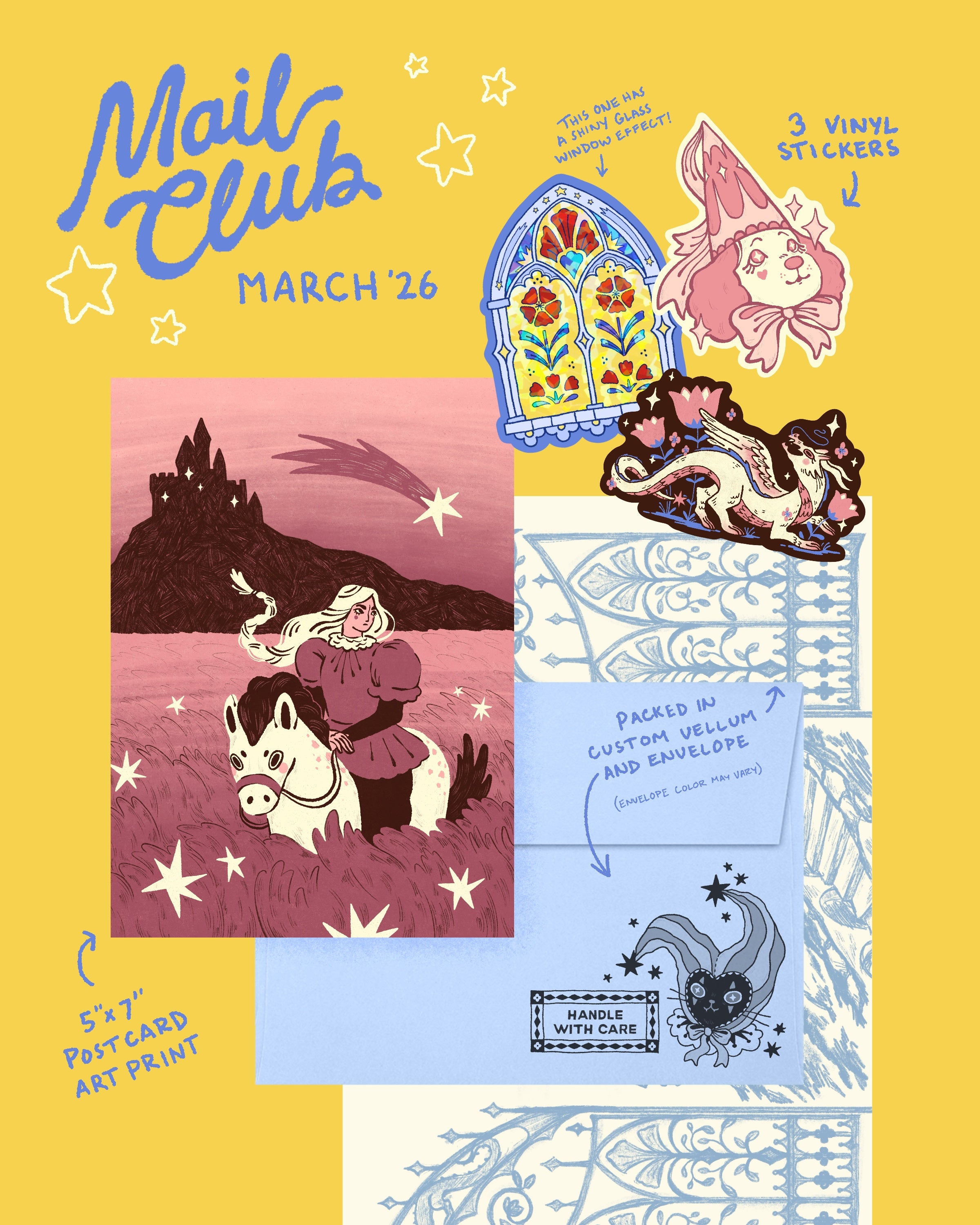 Alex Gold March 2026 postcard, stickers, and illustrated packaging