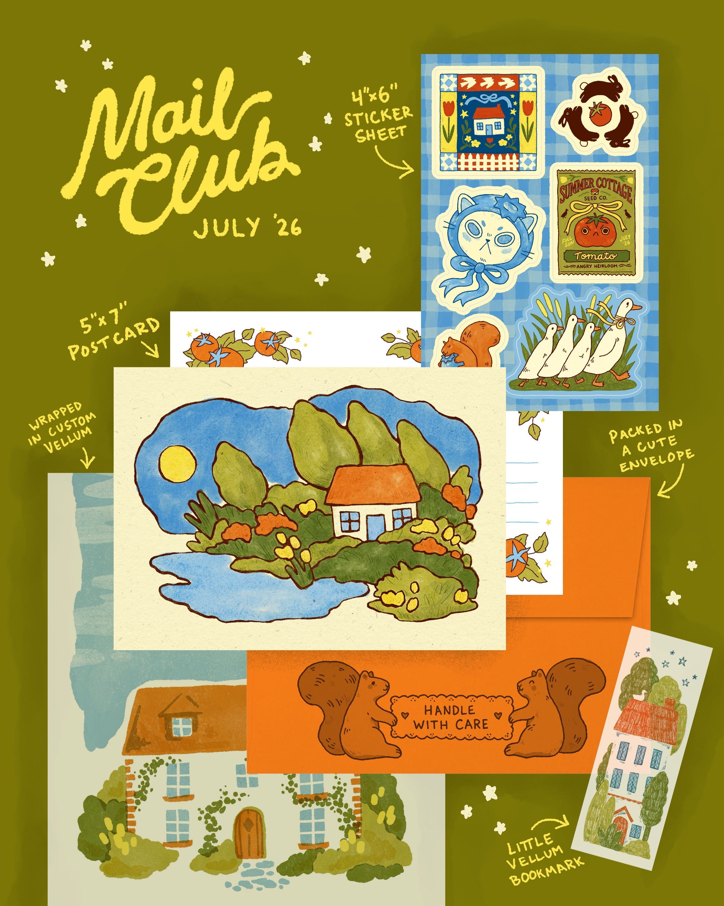 Alex Gold July 2026 postcard, stickers, and illustrated packaging