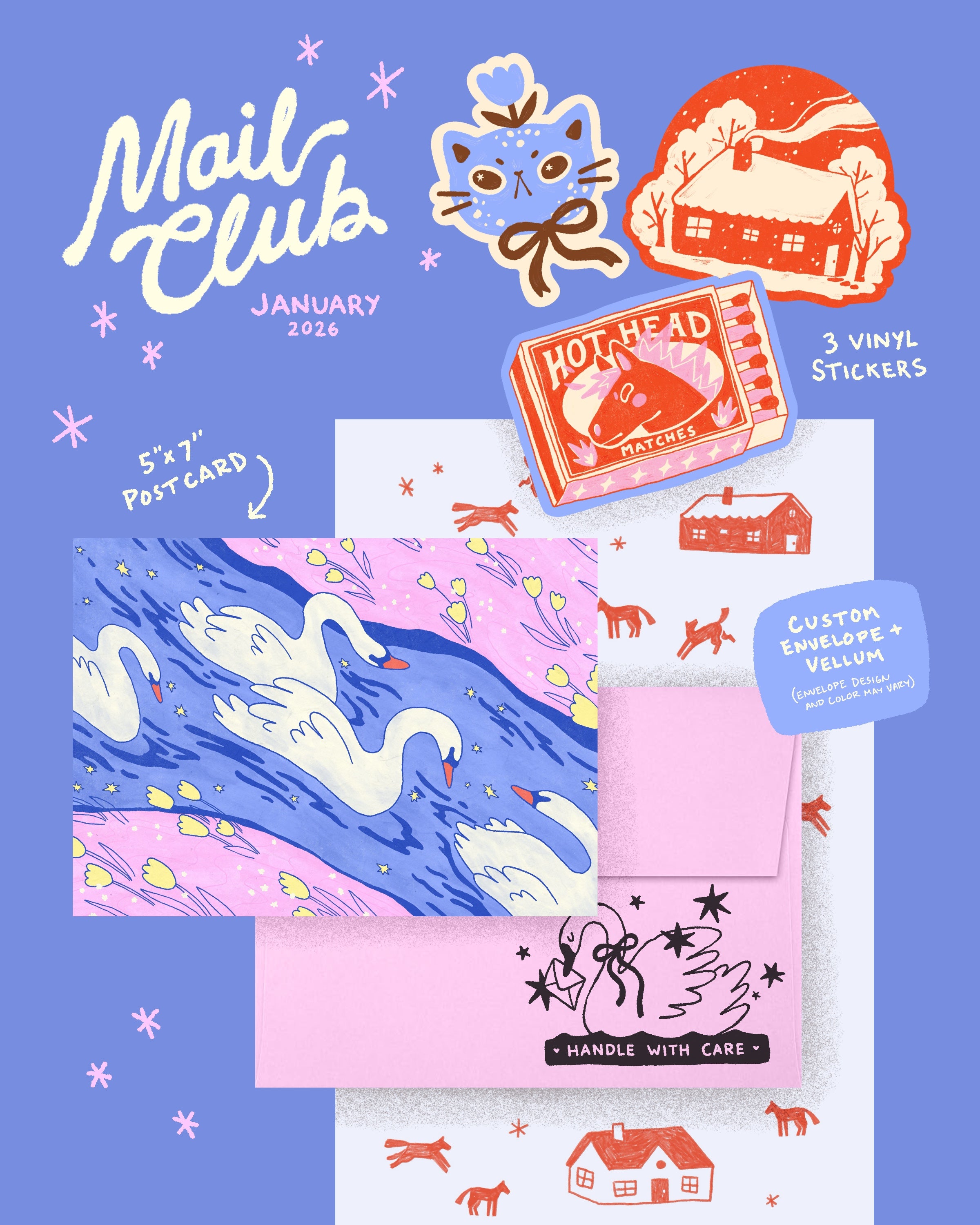Alex Gold January 2026 swan postcard, stickers, and illustrated packaging