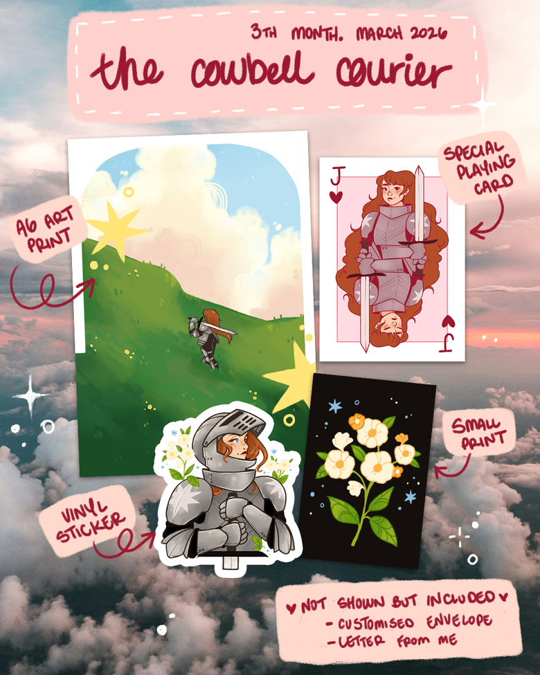 Cowbell Courier — March 2026 knight edition with prints, playing card, and sticker