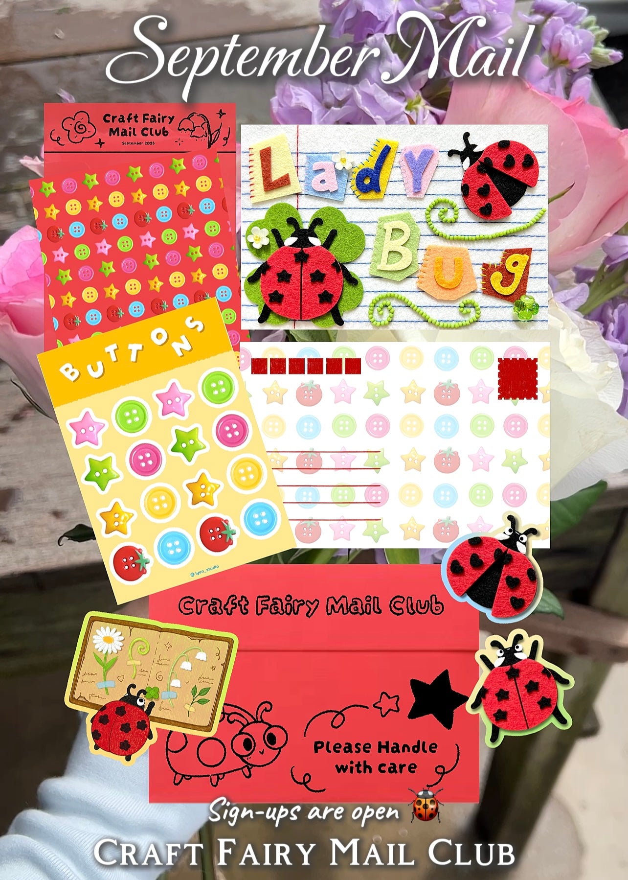 Craft Fairy Mail Club — September ladybug and button-themed prints, stickers, and letter