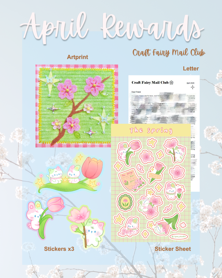 Craft Fairy Mail Club — April spring blossom art print, sticker sheet, stickers, and letter; official set preview