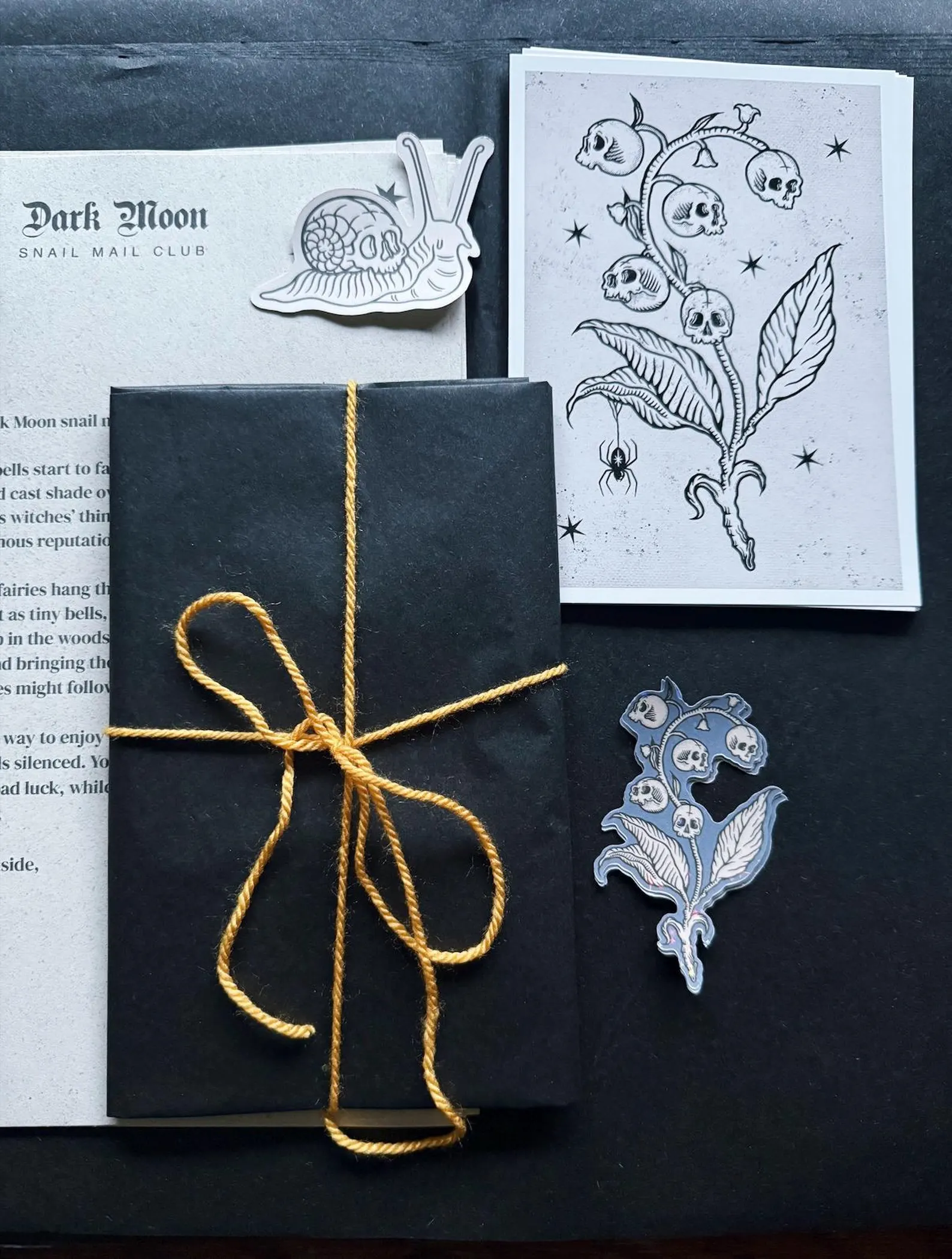 Dark Moon July edition — skull and bluebell print, sticker, letter and wrapped mail