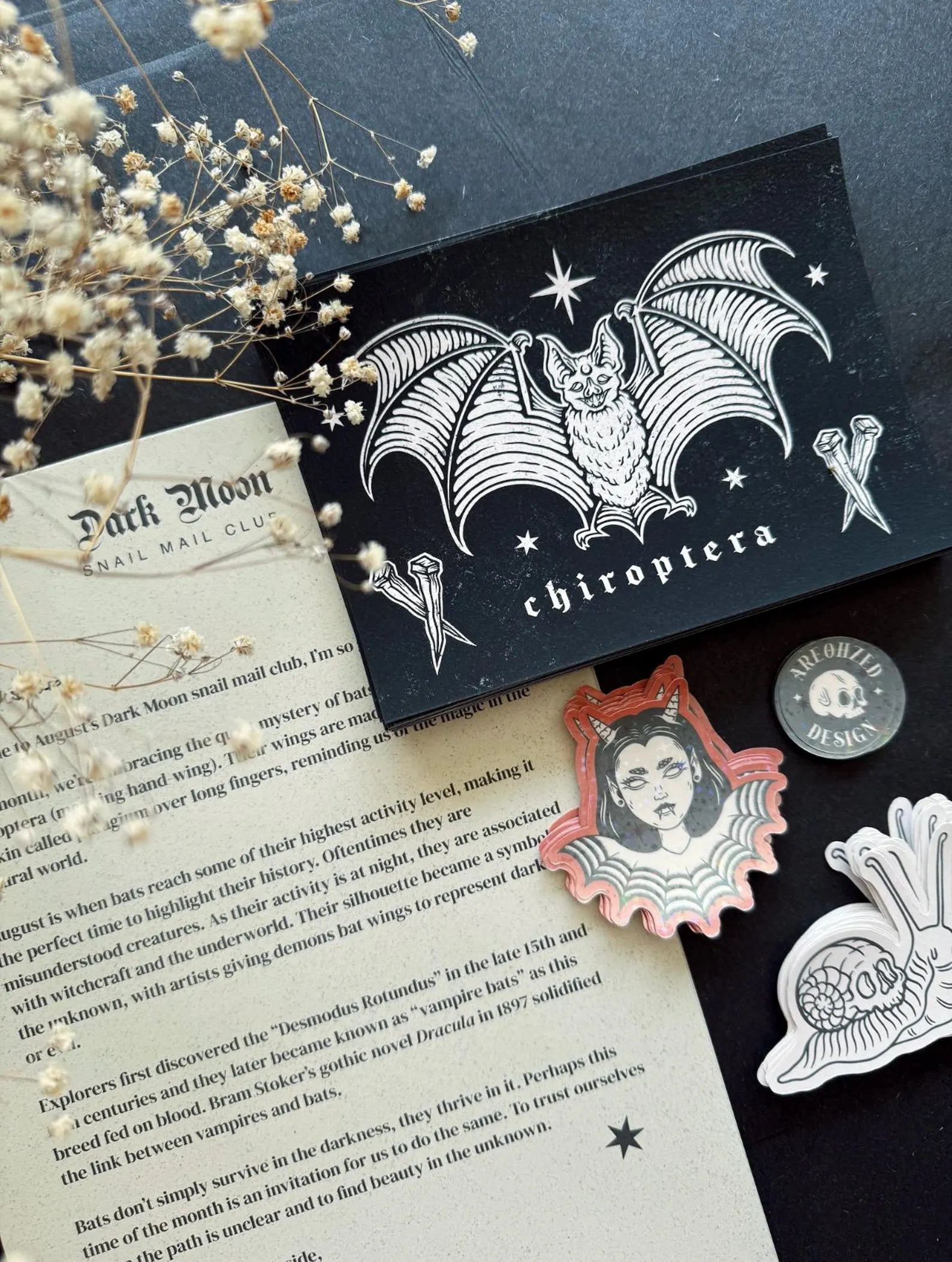 Dark Moon August edition — bat print, vampire sticker and letter