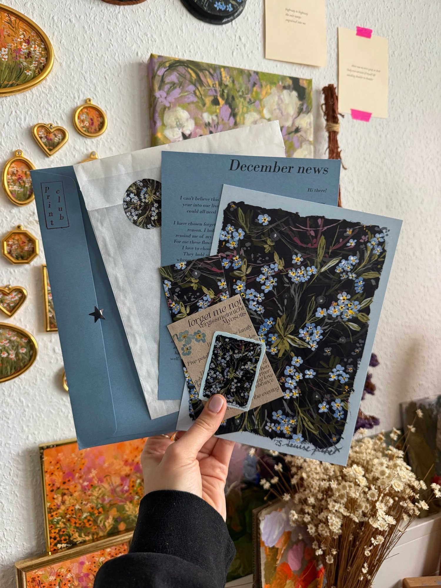 Denise Peter December forget-me-not print with matching mail-club paper goods