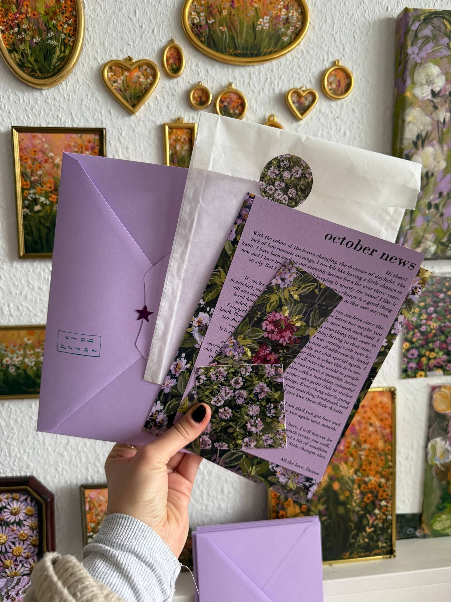 Denise Peter October floral print, bookmark, sticker, and letter