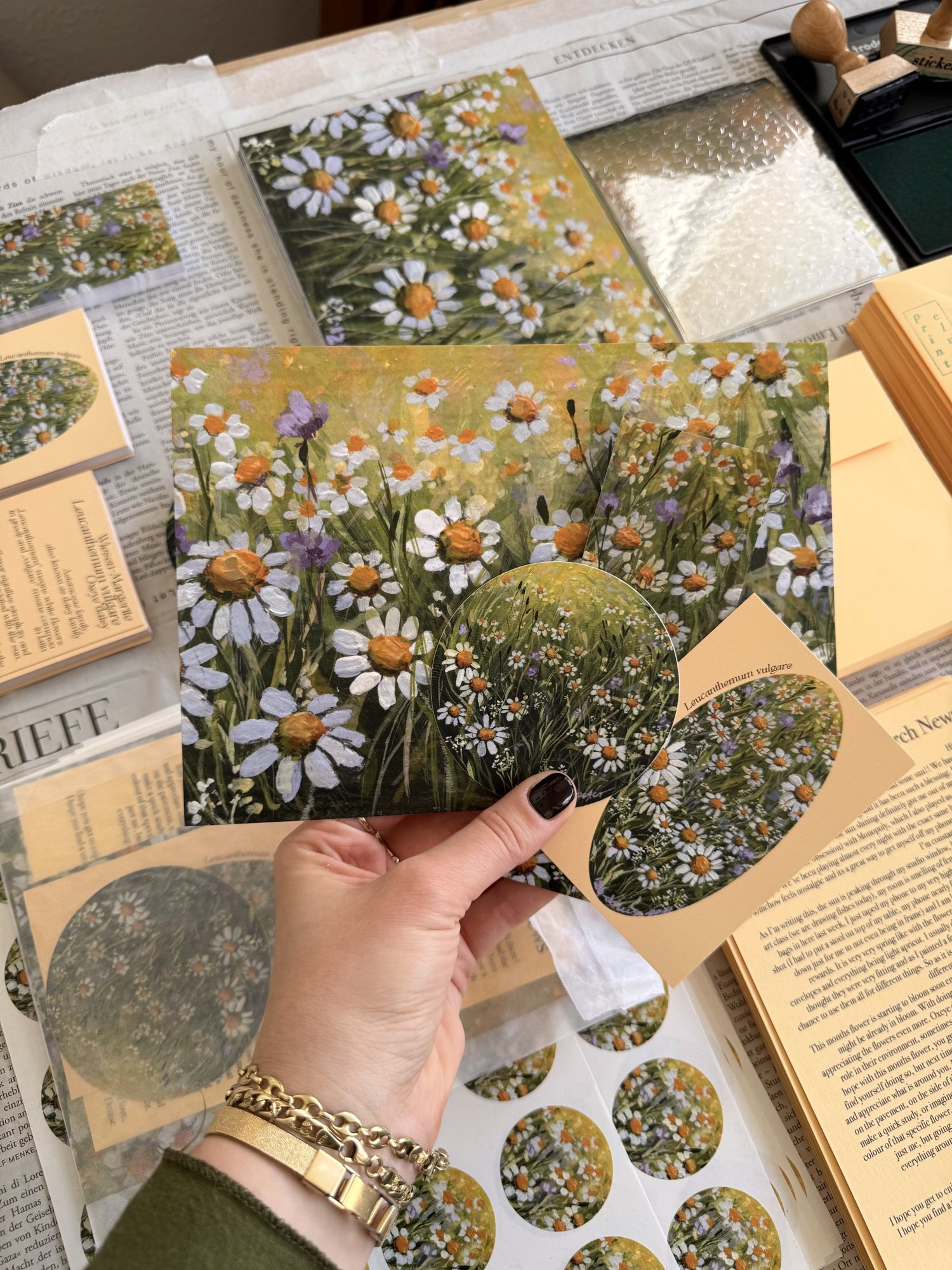 Denise Peter March daisy print with matching bookmark, sticker, and flower card