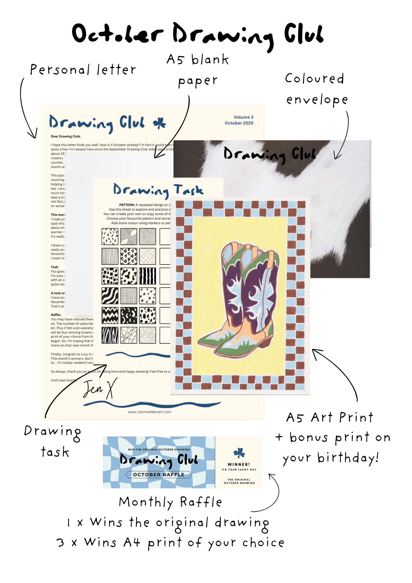 Drawing Club October cowboy boot print, letter, drawing prompt, and paper