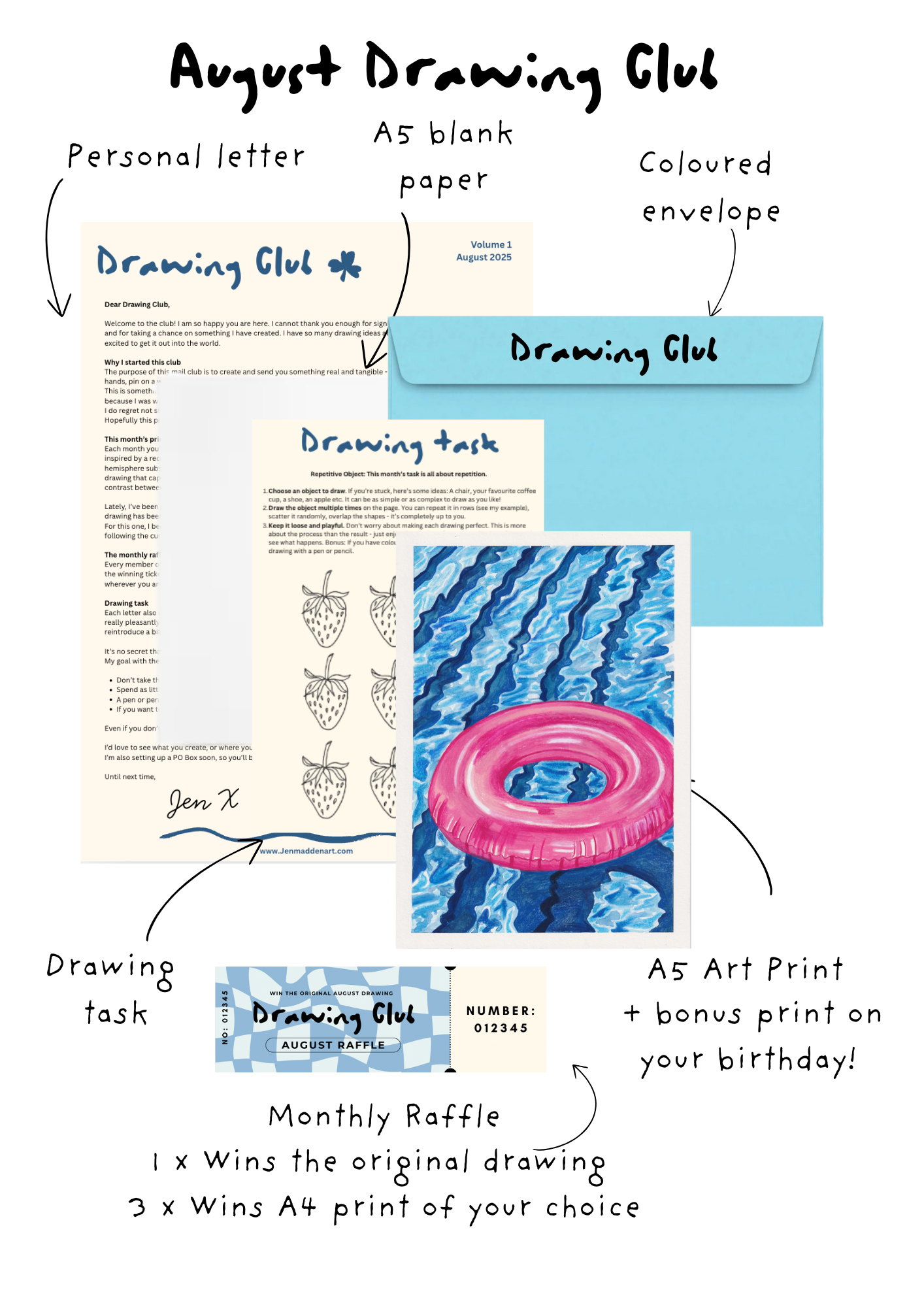 August Drawing Club swimming print, letter, drawing task, and paper