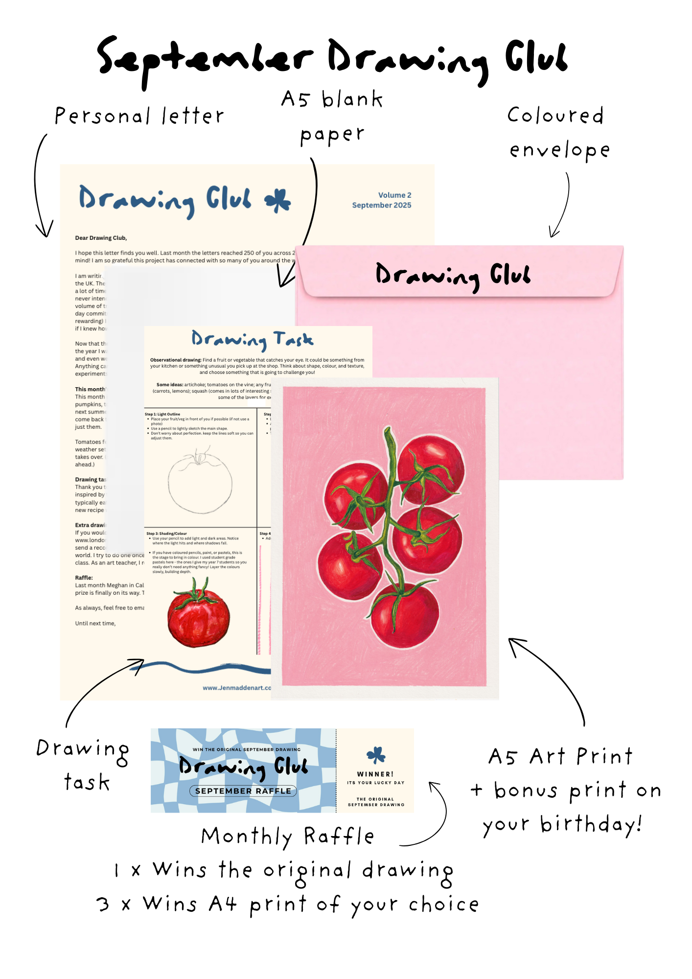 September Drawing Club tomato print with letter, task, and drawing paper