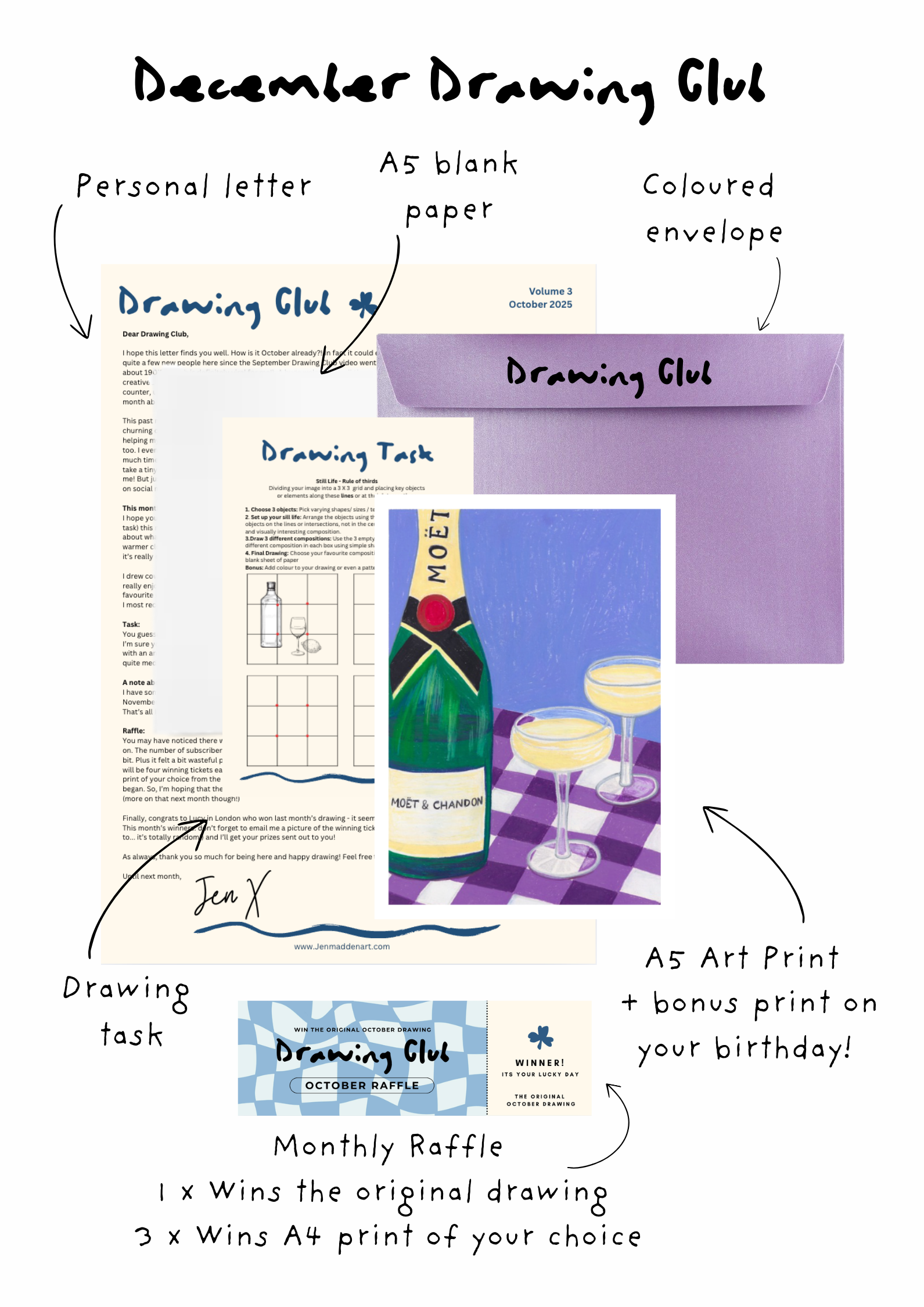 December Drawing Club bottle print and drawing materials