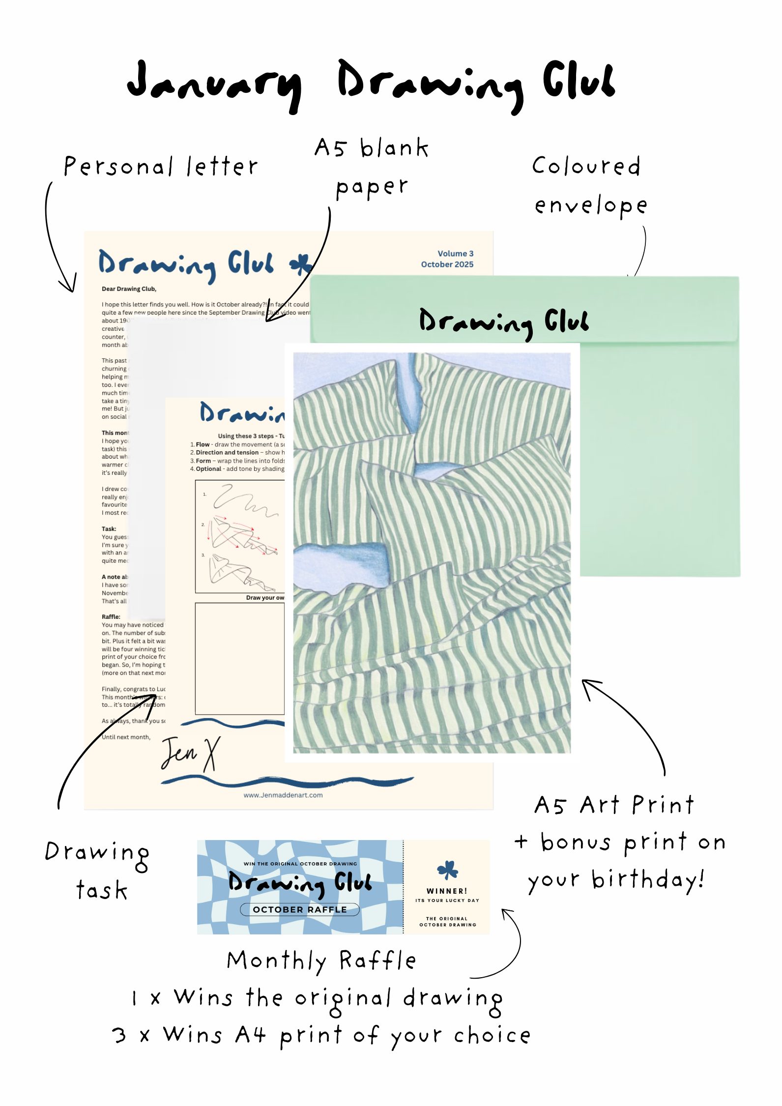 January Drawing Club striped shirt print and drawing materials