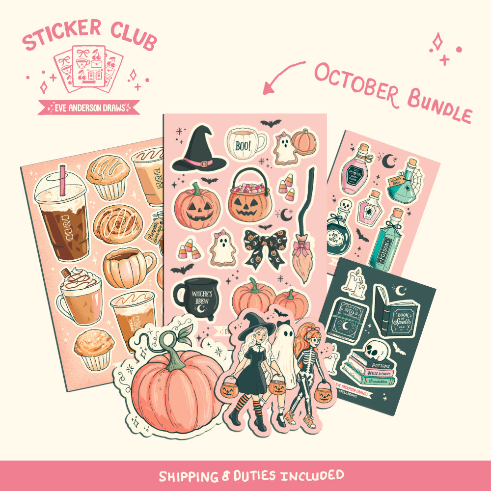 Eve’s Sticker Club — October sticker collection with Halloween characters, coffee and baked treats