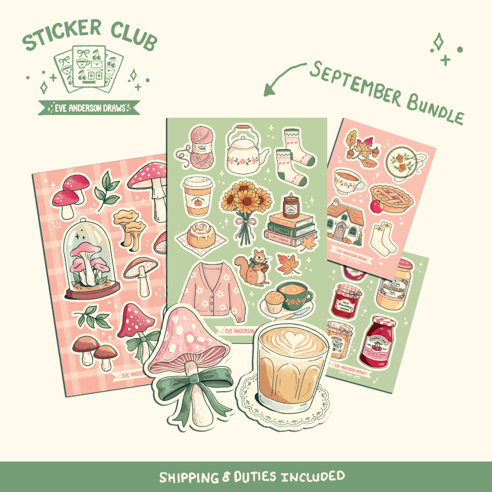 Eve’s Sticker Club — September sticker collection with autumn activities and a jam-jar mini sheet