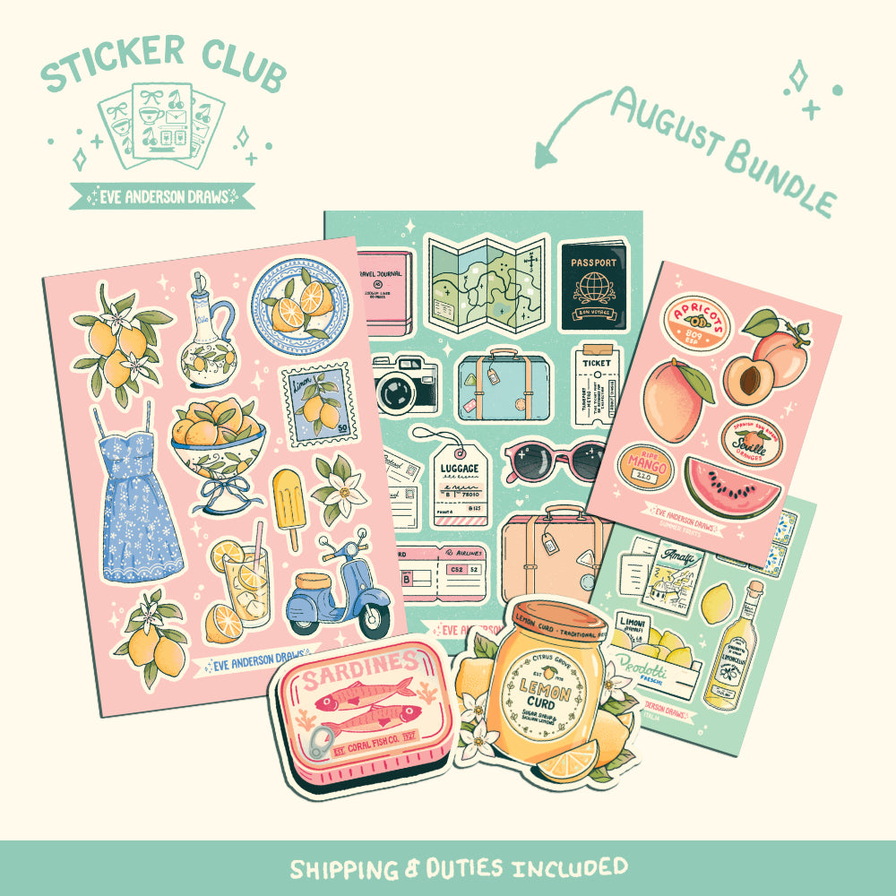 Eve’s Sticker Club — August sticker collection with summer travel, citrus and food packaging