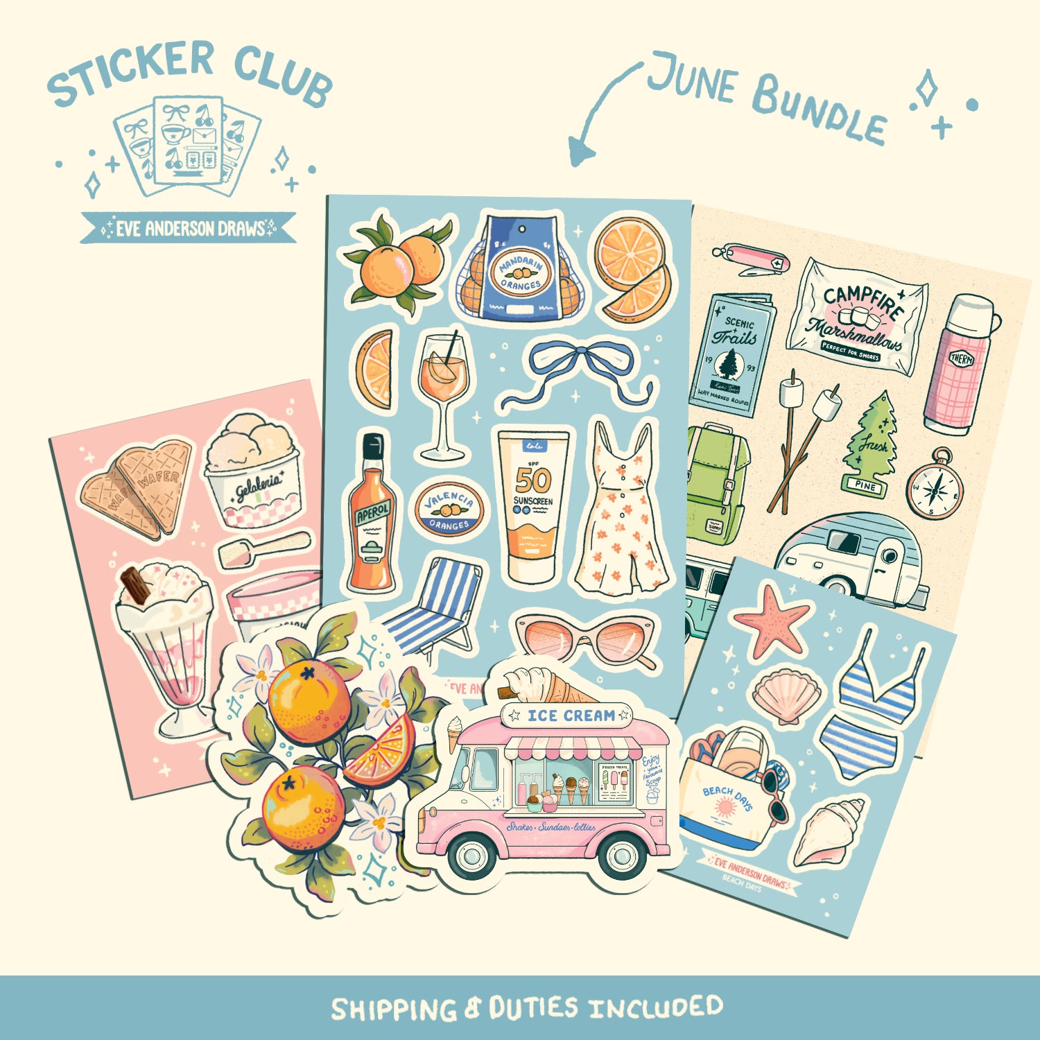 Eve’s Sticker Club — June sticker collection with beach, camping and ice-cream designs