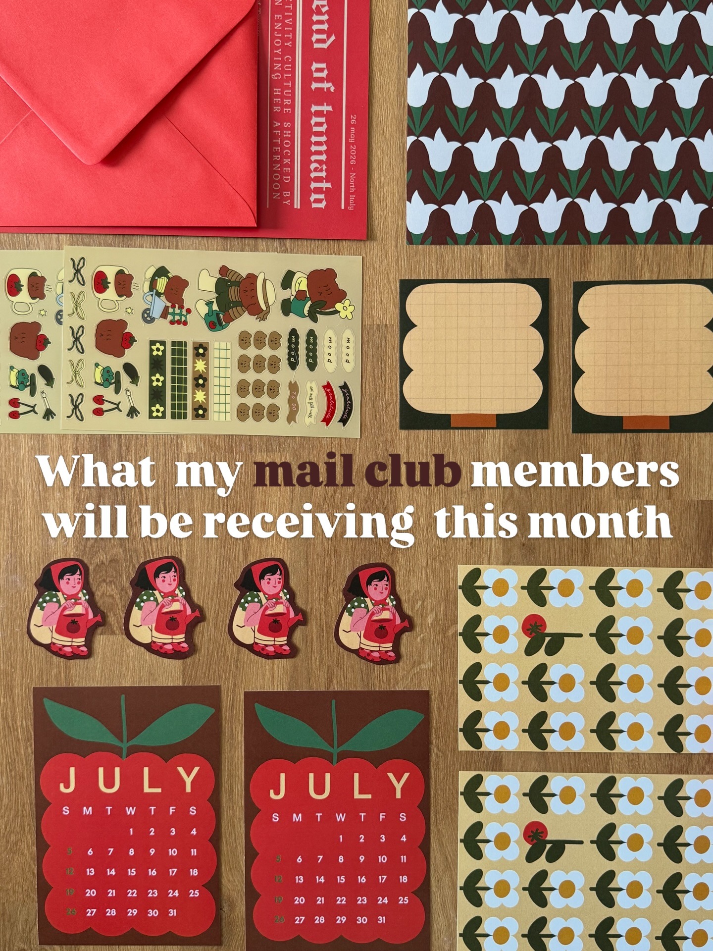 July Friend of Tomato mail designs with gardening stickers, patterned paper, a tomato calendar and red envelope