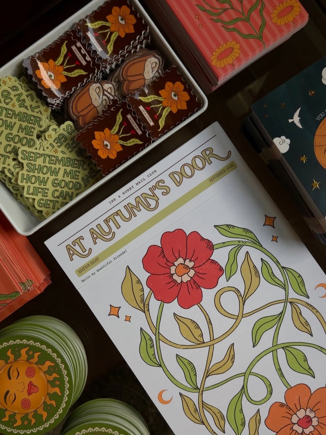 Ink & Honey — September essay and paper goods arranged for packing