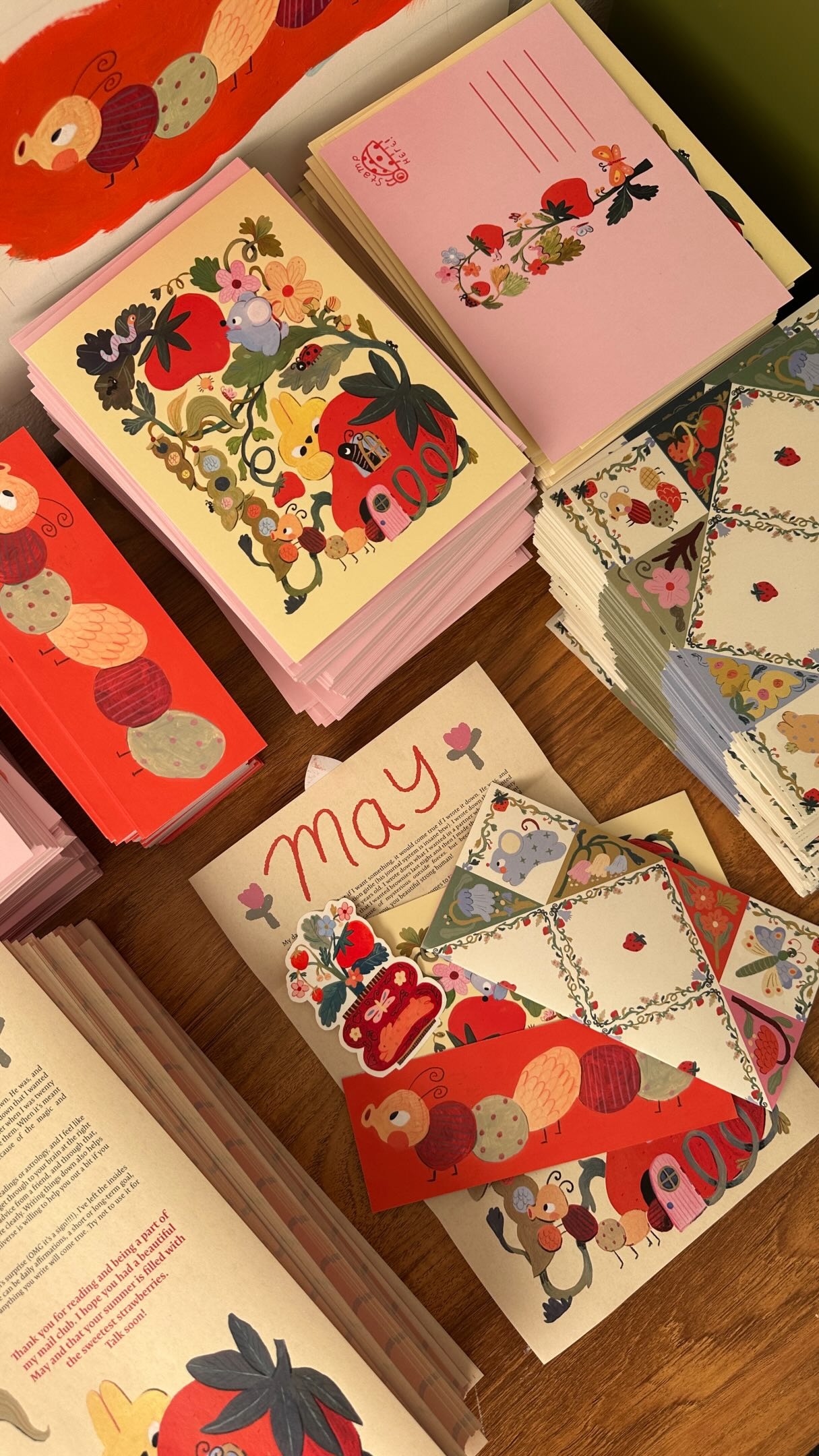 Katie Mai May strawberry-themed postcards, stickers, bookmarks, and letter