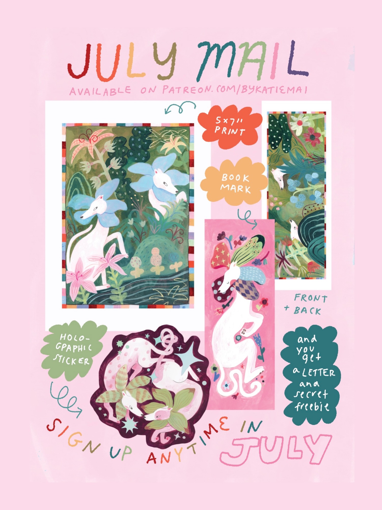 Katie Mai July 2026 print, bookmark, and sticker designs