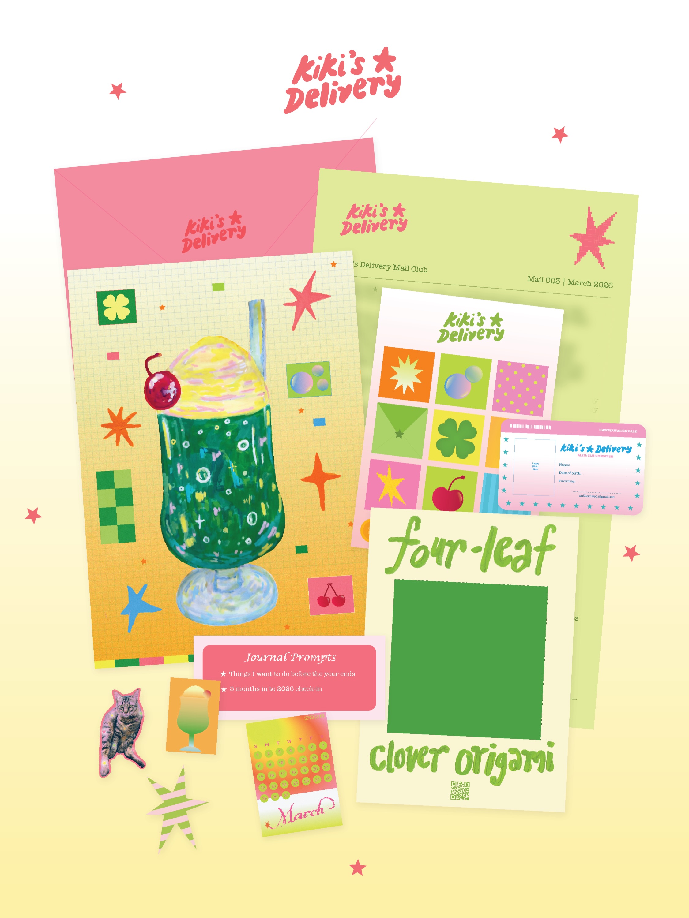Kiki’s Delivery — March mail with drink postcard and clover origami